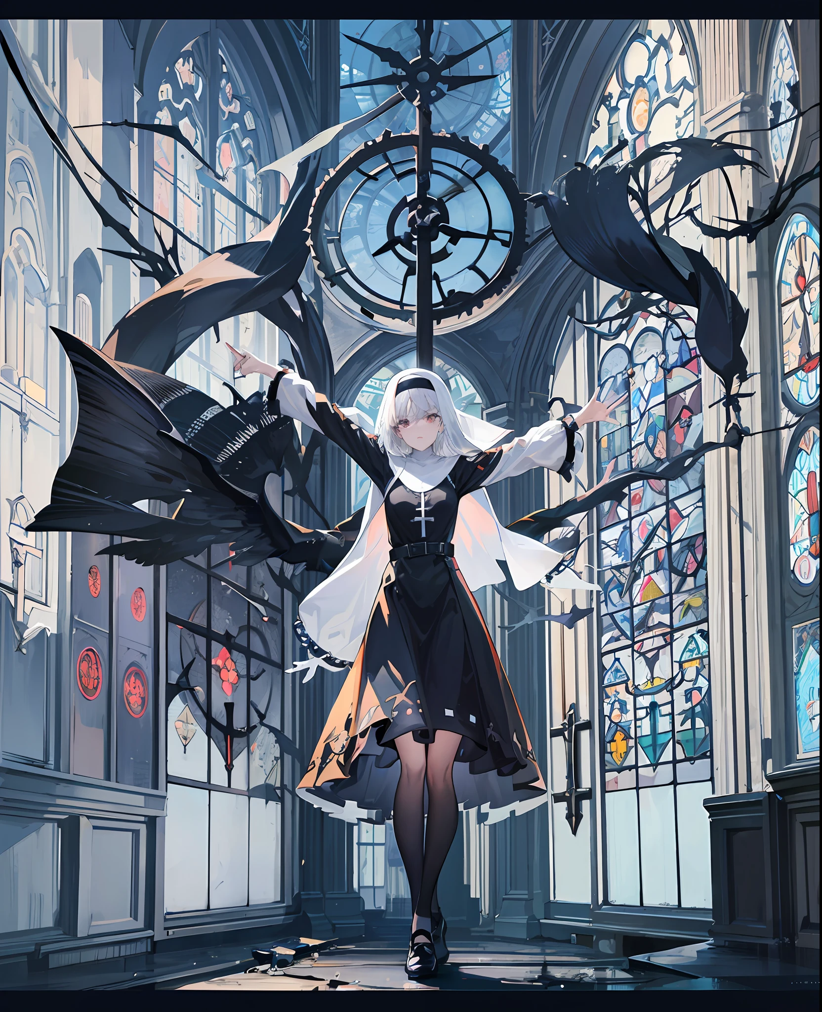 (Huge cross), (church), (church shutter), (glazed ceiling), metal frame, gray, stained glass, cracked glass, black vine, withered tree, branches, (nun dress), full body, single, 4k, a maiden, striped long sleeves, functional wind coat, white cotton socks, dancing shoes, short skirt, modern style, frills, gothic, bracelet, flashlight, searchlight, gloom, fog, hazy, fantasy, tyndall effect, gravel, metal, weed, barren, desolate, white hair, fog, Tyndall is bright and bright