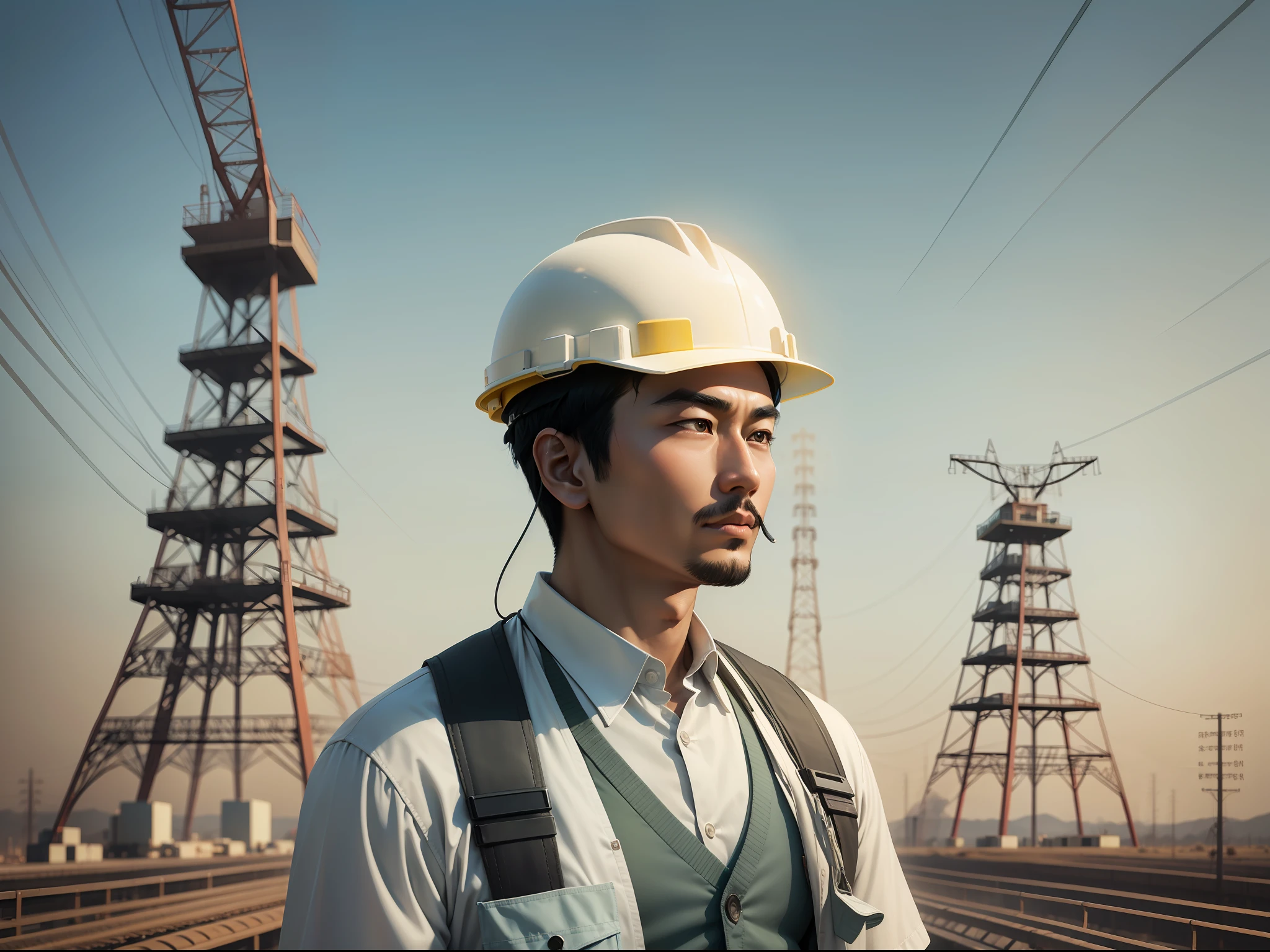 Asian electrical engineer men wearing a hardhat in the flied of transmission line, style of Salvador Dali