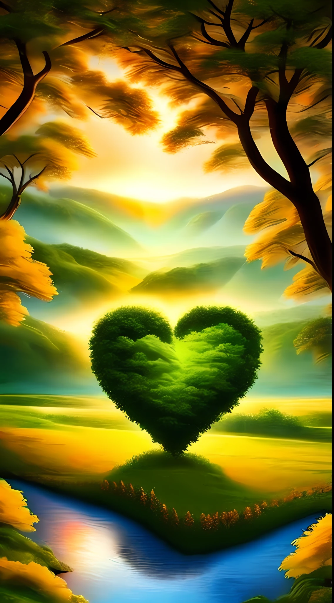 a painting of a sunset forest in the shape of a heart, Somewhere