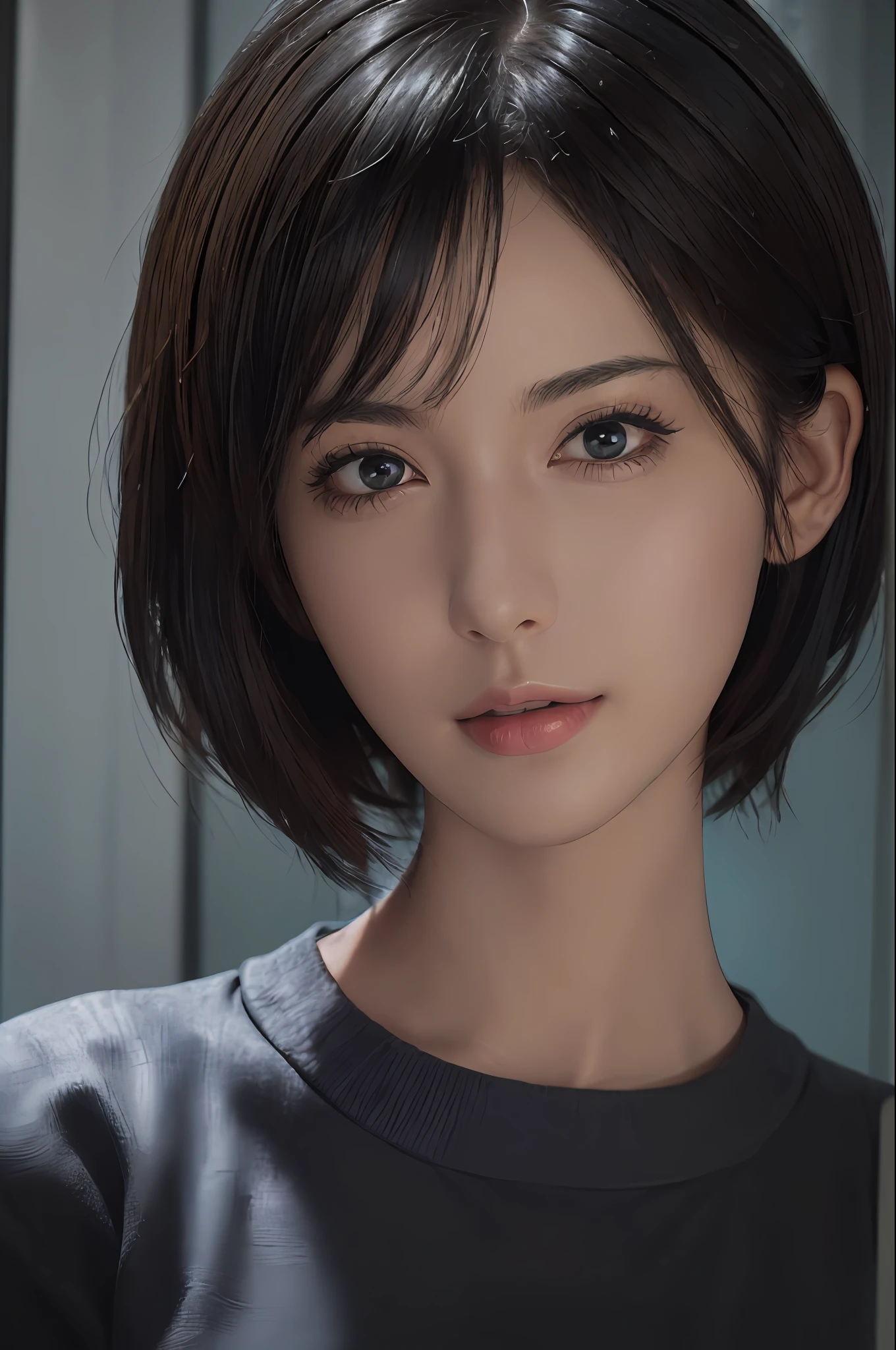 (masterpiece:1.3), (8k, photorealistic, RAW photo, best quality: 1.4), (1girl), beautiful face, (realistic face), (black hair, short hair:1.3), beautiful hairstyle, realistic eyes, beautiful detailed eyes, (realistic skin), beautiful skin, (sweater), absurdres, attractive, ultra high res, ultra realistic, highly detailed, golden ratio