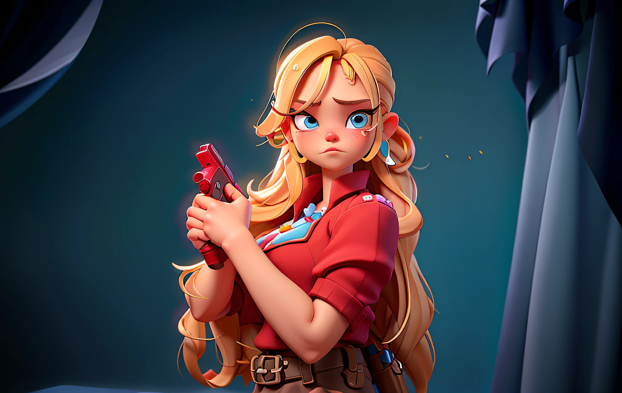 a blonde haired doll baby with gun in red dress standing in the bedroom, olya bossak, she's ready to fight, looks like britney spears, elle fanning as an android, inspired by INO, she has blonde hair, kerli koiv as anime girl, anya from spy x family, v from devil can cry like an elf, avatar with blonde hair, upper body avatar