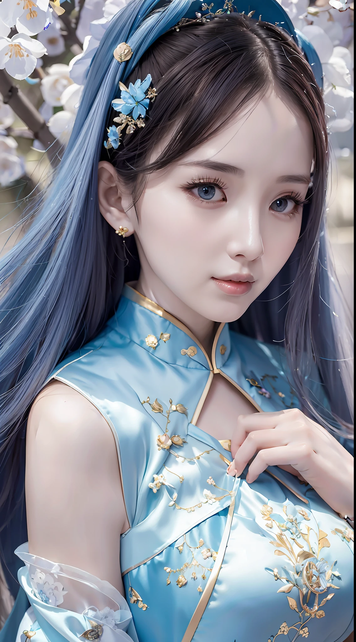 Close-up photo, top quality, lots of details, with a woman in light blue cheongsam posing for a photo, moon-themed costume, astral witch costume, fantasy costume, live-action girl cosplay, beautiful celestial mage, inspired by cold plum, cheongsam, popular on cgstation, celestial goddess, April rendering, light blue, dreamy medium portrait top light, light blue skin, amouranth, fantasy cheongsam