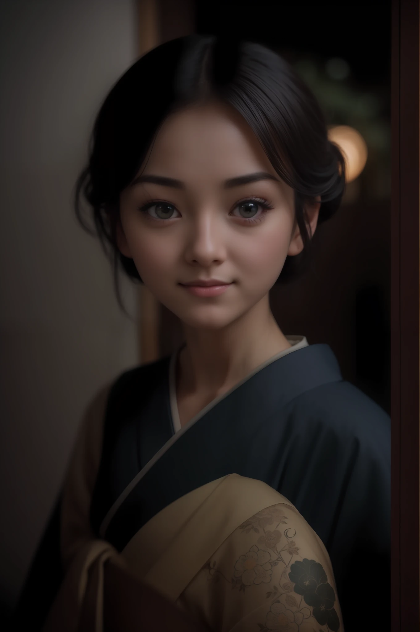 ((realistic lighting, superlative, 8k, masterpiece: 1.3)), beautiful 20-year-old 1 girl, short black hair, japanese geisha makeup, japan in the 40s, black eyes, everyday photos, black dragon, tavern without lights, eyes staring at the camera, eyes looking at the camera, ordinary villagers' outfit in the 900s, very beautiful pupils, round sparkling eyes, eyes with clover, very detailed figures, details, beautiful, film photography, Kodak, dreamy atmosphere, film grain, film photography, concept photography, actual, realistic, zoom off, oval eyebrows, smile