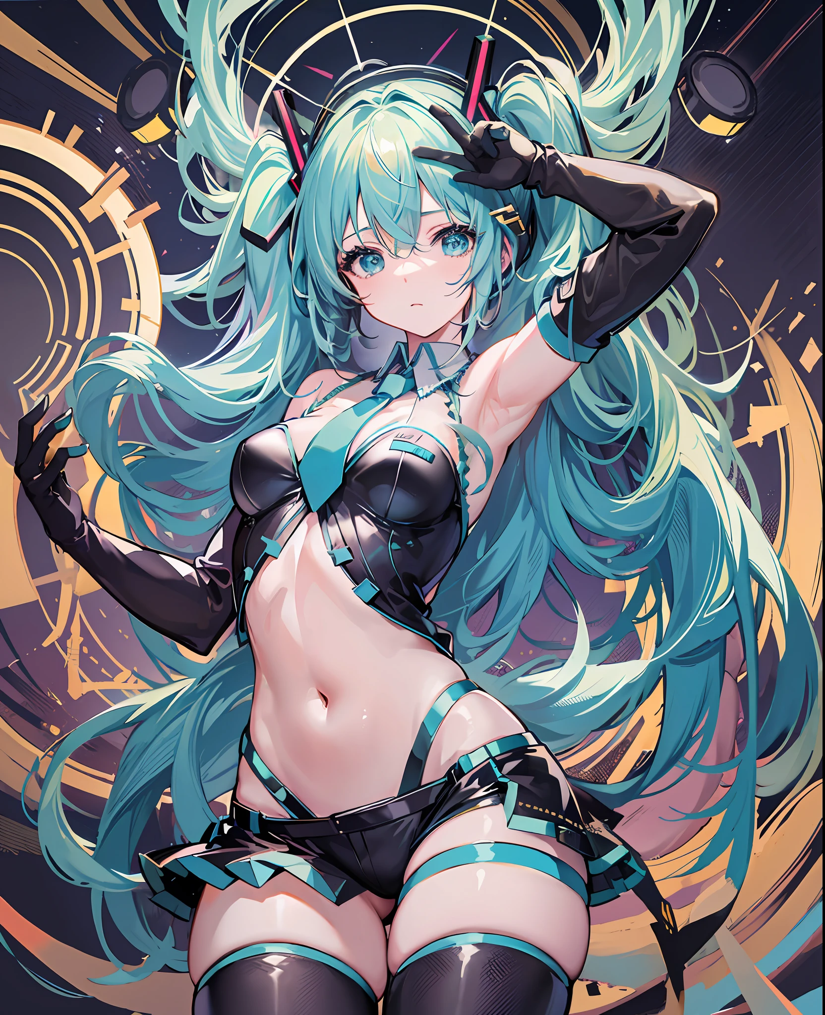 (Hatsune Miku), blue halo on head, blue hairpin, black belt, green fingerless gloves, outstretched, expressionless, navel-baring, black stockings, no shoes,