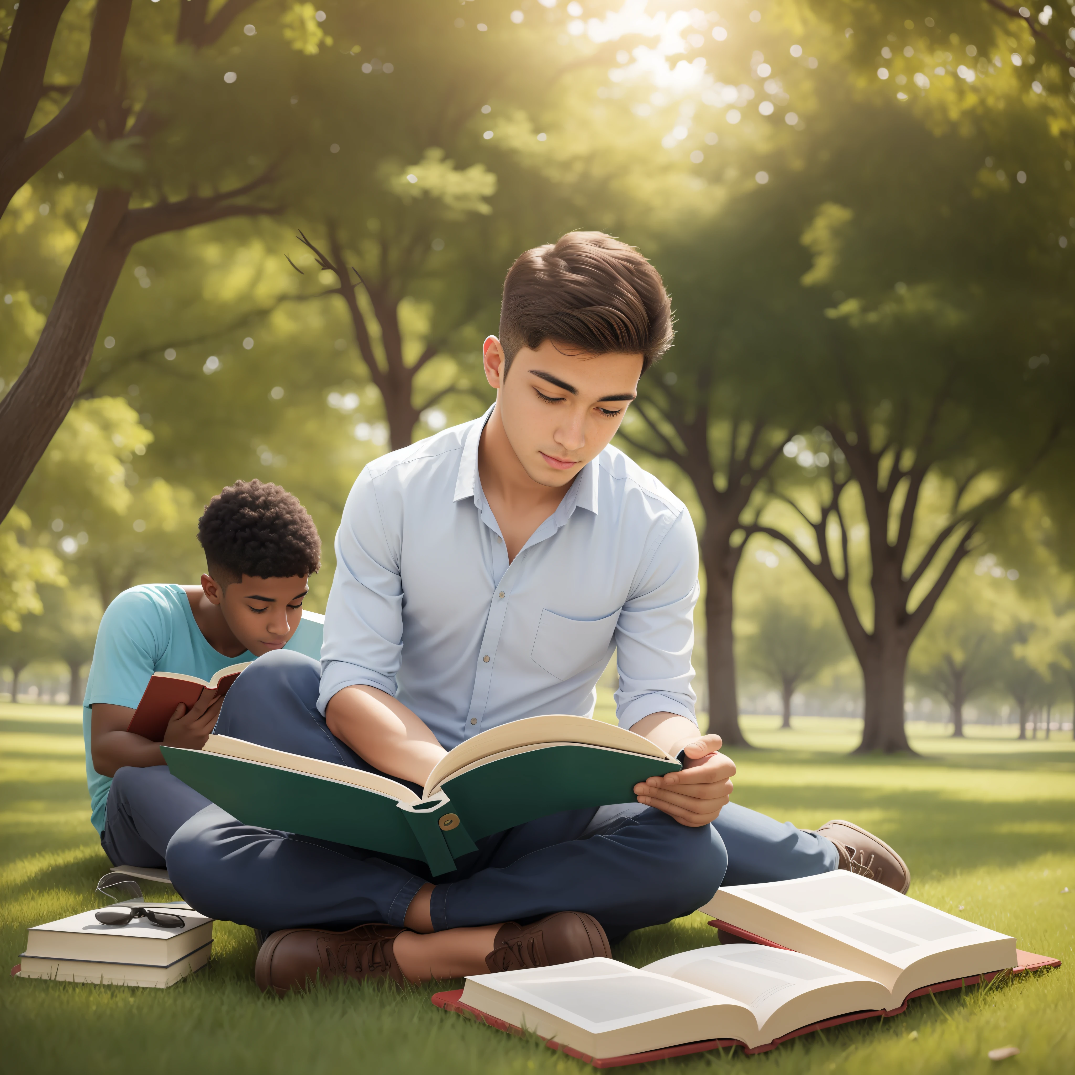 Young man reading books and teaching others in a beautiful, tree-lined park