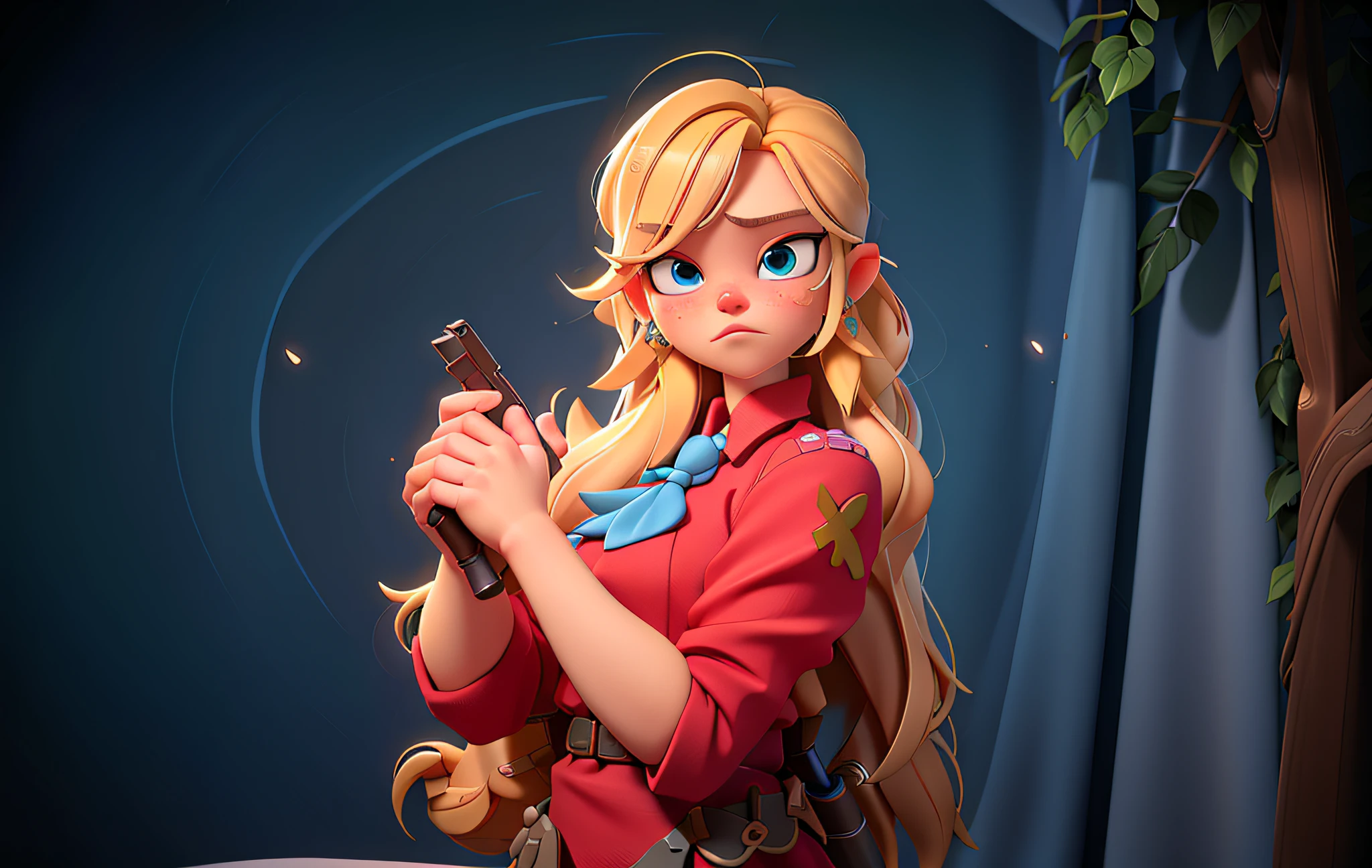 a blonde haired doll baby with gun in red dress standing in the bedroom, olya bossak, she's ready to fight, looks like britney spears, elle fanning as an android, inspired by INO, she has blonde hair, kerli koiv as anime girl, anya from spy x family, v from devil can cry like an elf,  avatar with blonde hair, upper body avatar
