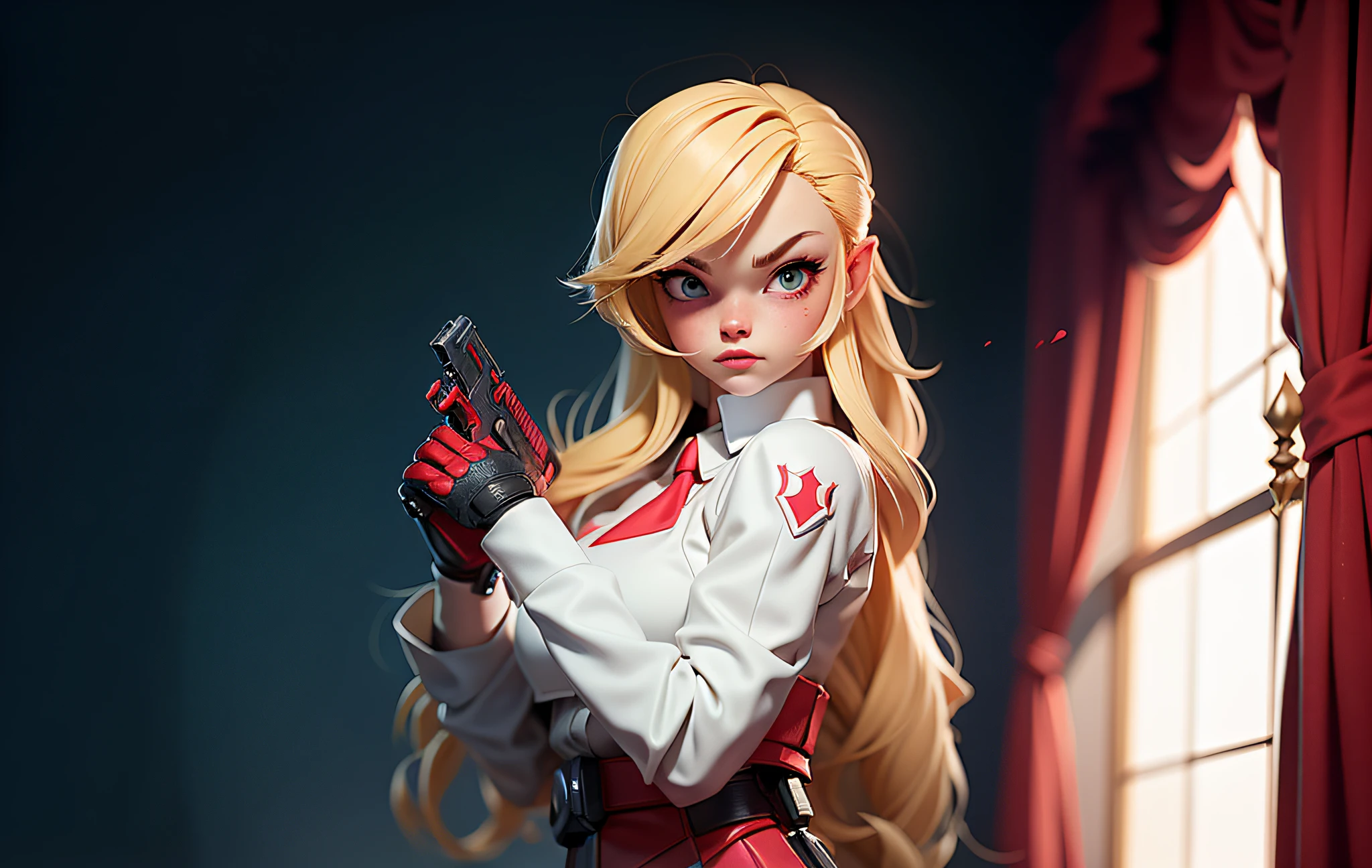 a blonde haired doll baby with gun in red dress standing in the bedroom, olya bossak, she's ready to fight, looks like britney spears, elle fanning as an android, inspired by INO, she has blonde hair, kerli koiv as anime girl, anya from spy x family, v from devil can cry like an elf,  avatar with blonde hair, upper body avatar