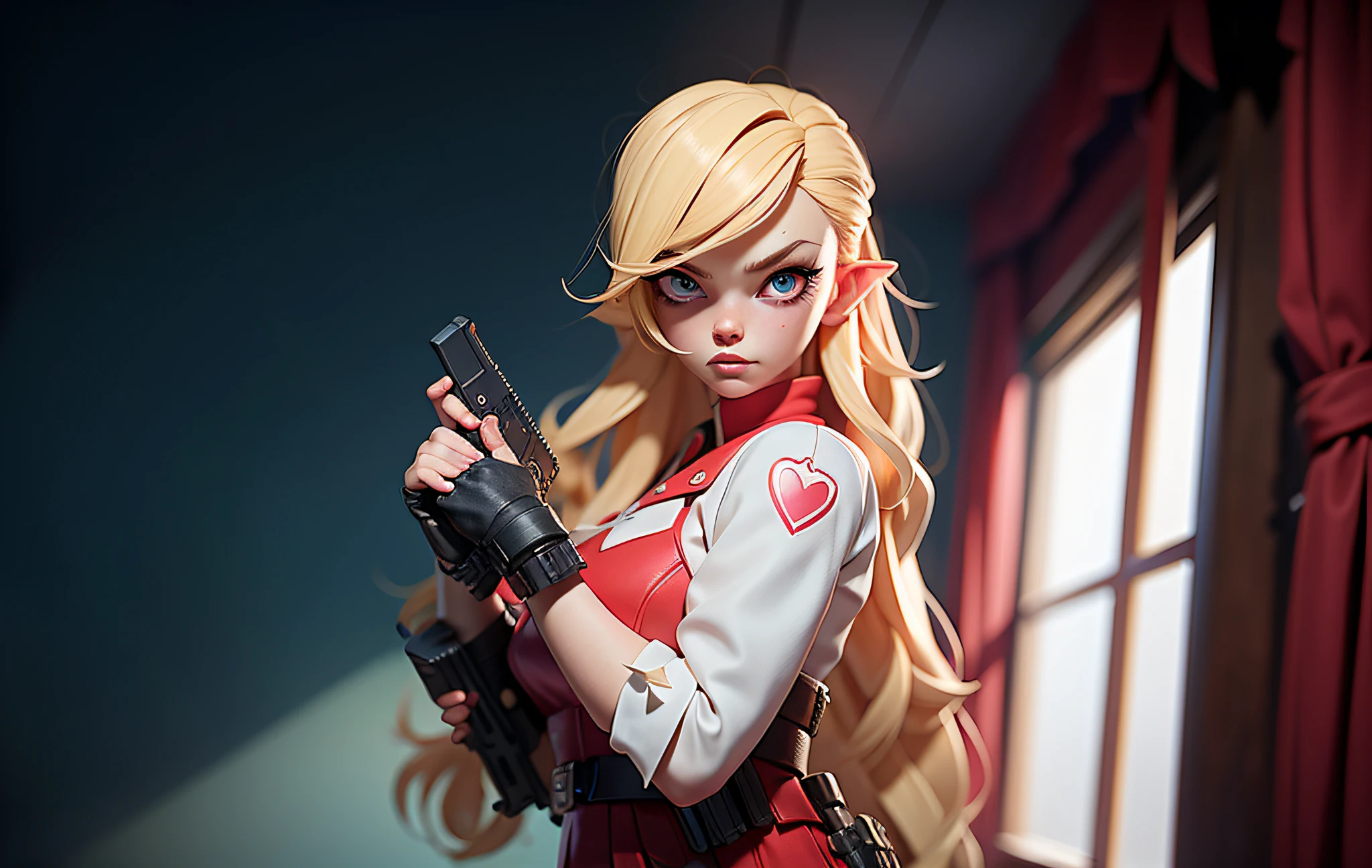 a blonde haired doll baby with gun in red dress standing in the bedroom, olya bossak, she's ready to fight, looks like britney spears, elle fanning as an android, inspired by INO, she has blonde hair, kerli koiv as anime girl, anya from spy x family, v from devil can cry like an elf,  avatar with blonde hair, upper body avatar
