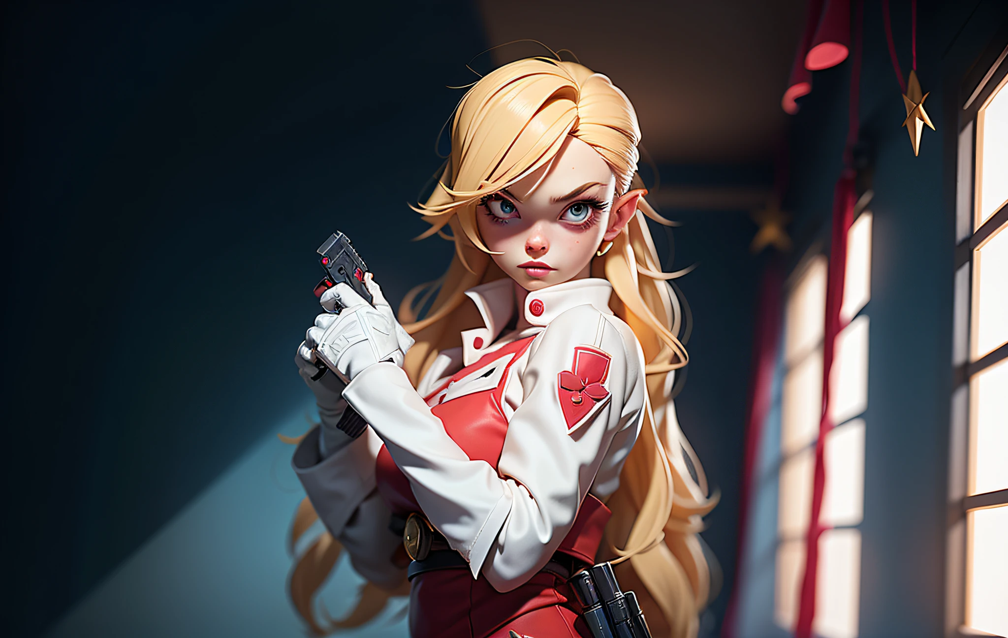 a blonde haired doll baby with gun in red dress standing in the bedroom, olya bossak, she's ready to fight, looks like britney spears, elle fanning as an android, inspired by INO, she has blonde hair, kerli koiv as anime girl, anya from spy x family, v from devil can cry like an elf,  avatar with blonde hair, upper body avatar