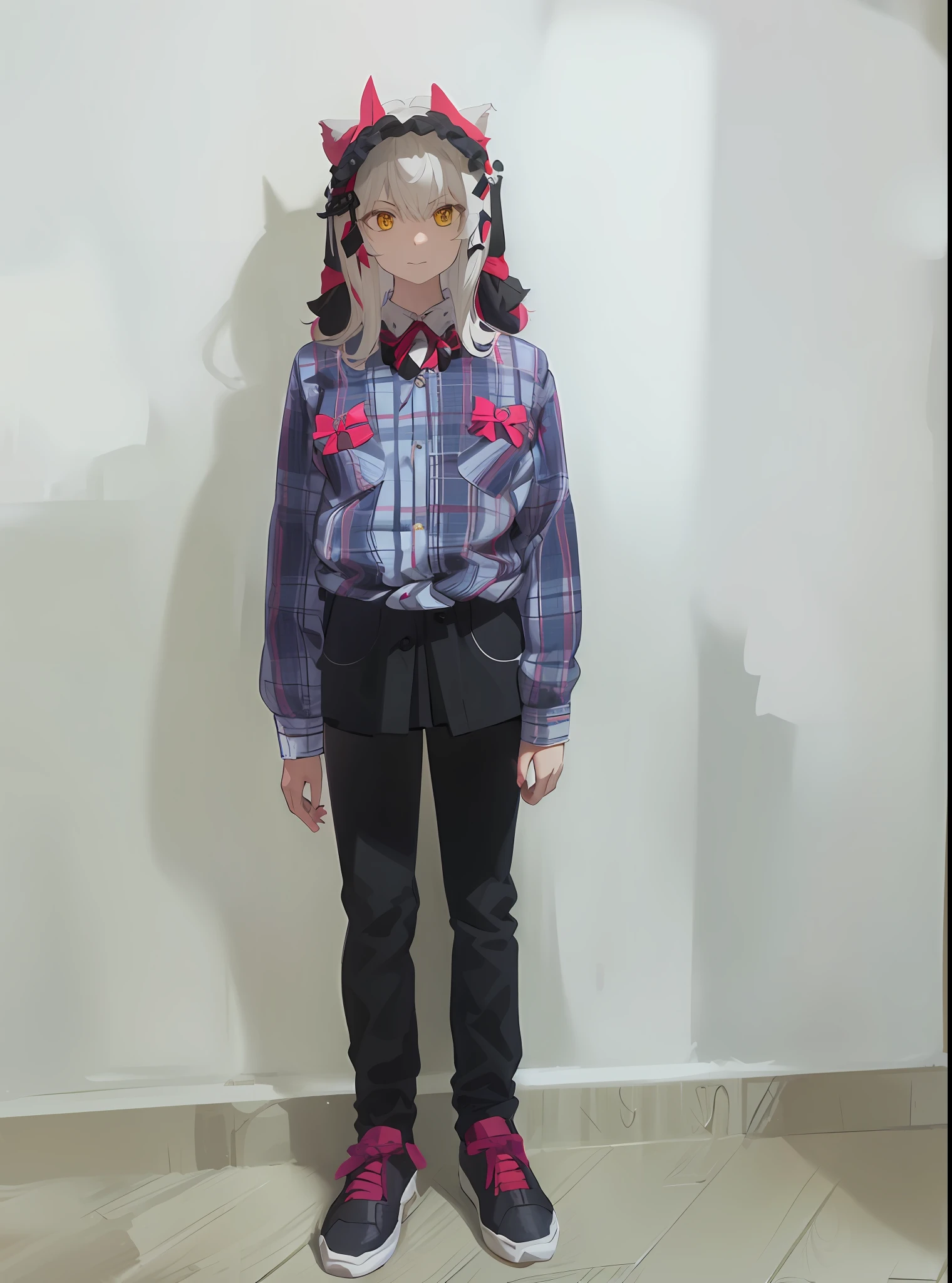 best quality, (masterpiece:1.2), highly detailed, standing, school, indoors, cat ears, 1girl, solo, tojou koneko, looking at the viewer, closed mouth, slight smile, from above, yellow eyes, white hair, short hair, hair ornament, school uniform, stripped shirt, red skirt, black neck ribbon
