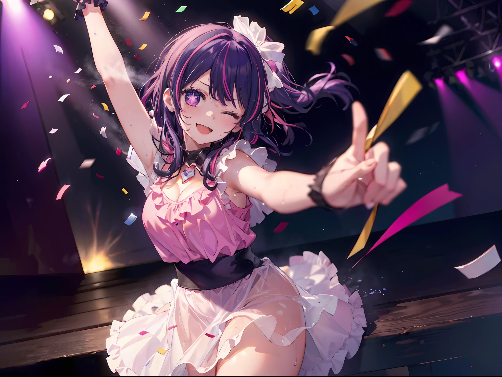 absurdres, highres,
BREAK
looking at viewer, cowboy shot, (from front:1.5)
BREAK
(vivid-color:1.3)
BREAK
(one girl:1.3), (loli:1.2), (Hoshino Ai:1.4), (purple hair, streaked hair:1.5), (purple eyes:1.5), (happy smile:1.7), holding a mic, (singing, one arm up, one eye closed, lifting her feet:1.3), twisting waist, (shiny eyes:1.3), (upturned eyes, happy smile:1.2), star-shaped pupils, hairclip, earrings, jewelry, nm1, short hair, (gloves:1.2), (frills, pink shirt:1.2), arms up, dress pull, Roaring Twenties,  sleeveless, shirt, idol, symbol-shaped pupils, hands up, (White fluid on the body:1.4), (thighs:1.3),  (huge breasts, cleavage:1.3), (face focus:1.2),  open mouth, (breast:1.3), round eyes, (blowing in the wind:0.5), (sweat around girl, dripping sweat:1.3), squall (wind:1.2), sense of speed, refreshing breeze, motion blur effect, wind
BREAK
background is (on the Idol stage:1.3), (Stand in the center of the screen:1.3), indoors, idol live, wind
BREAK
magnificent view, (10,000 people spectators:1.3), light particles, (confetti:1.4), dynamic angle, dutch angle, perspective
BREAK
(night, spot light:1.5), depth of field, bokeh, light leaks, (chromatic aberration:1.2)
BREAK
