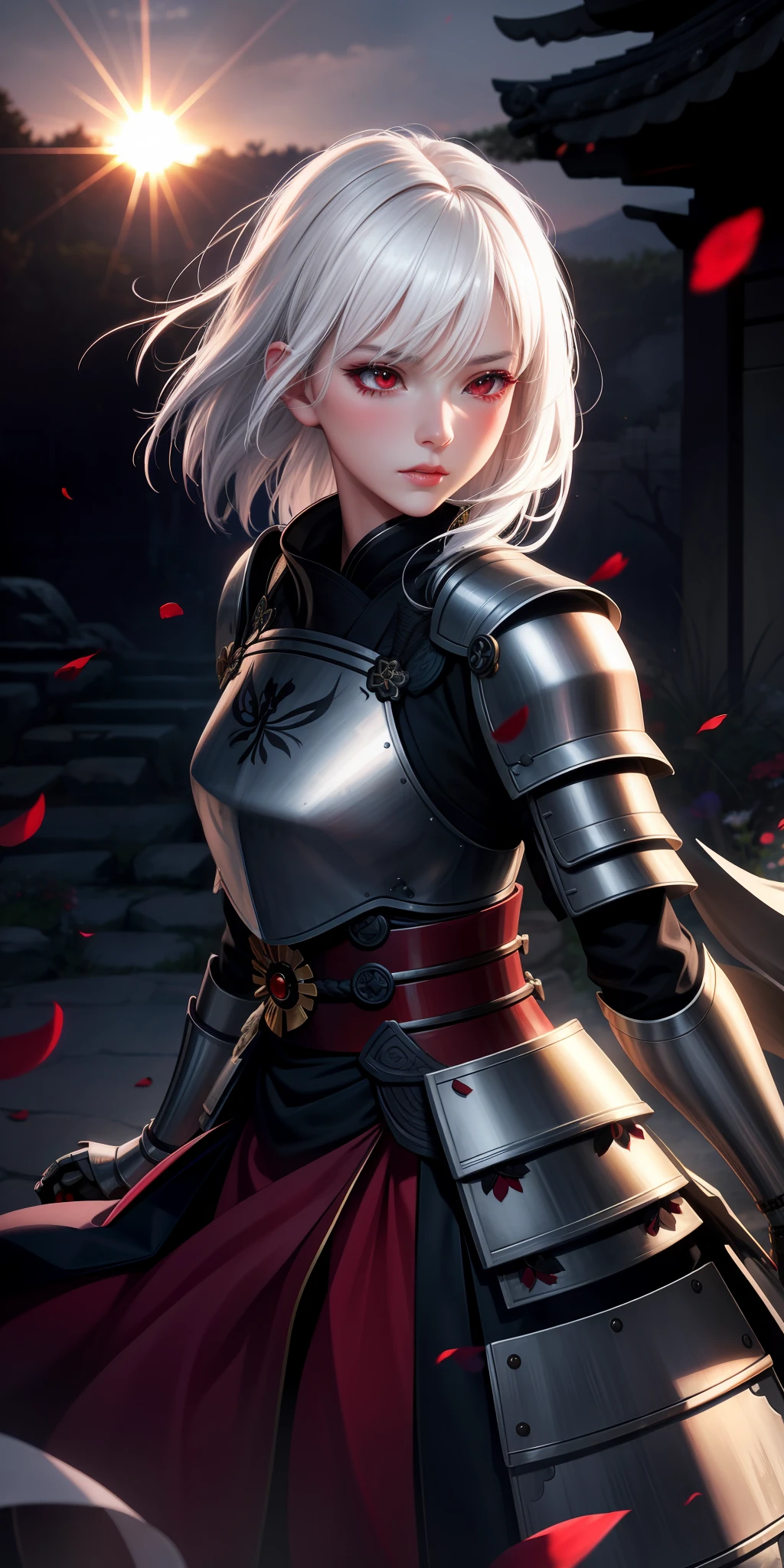 realistic, 1girl, white hair, red eyes, bright eyes,armor, skirt, lips half-open, blush, night, flowers, sun, sunlight, hashira, samurai, armor, dungeons