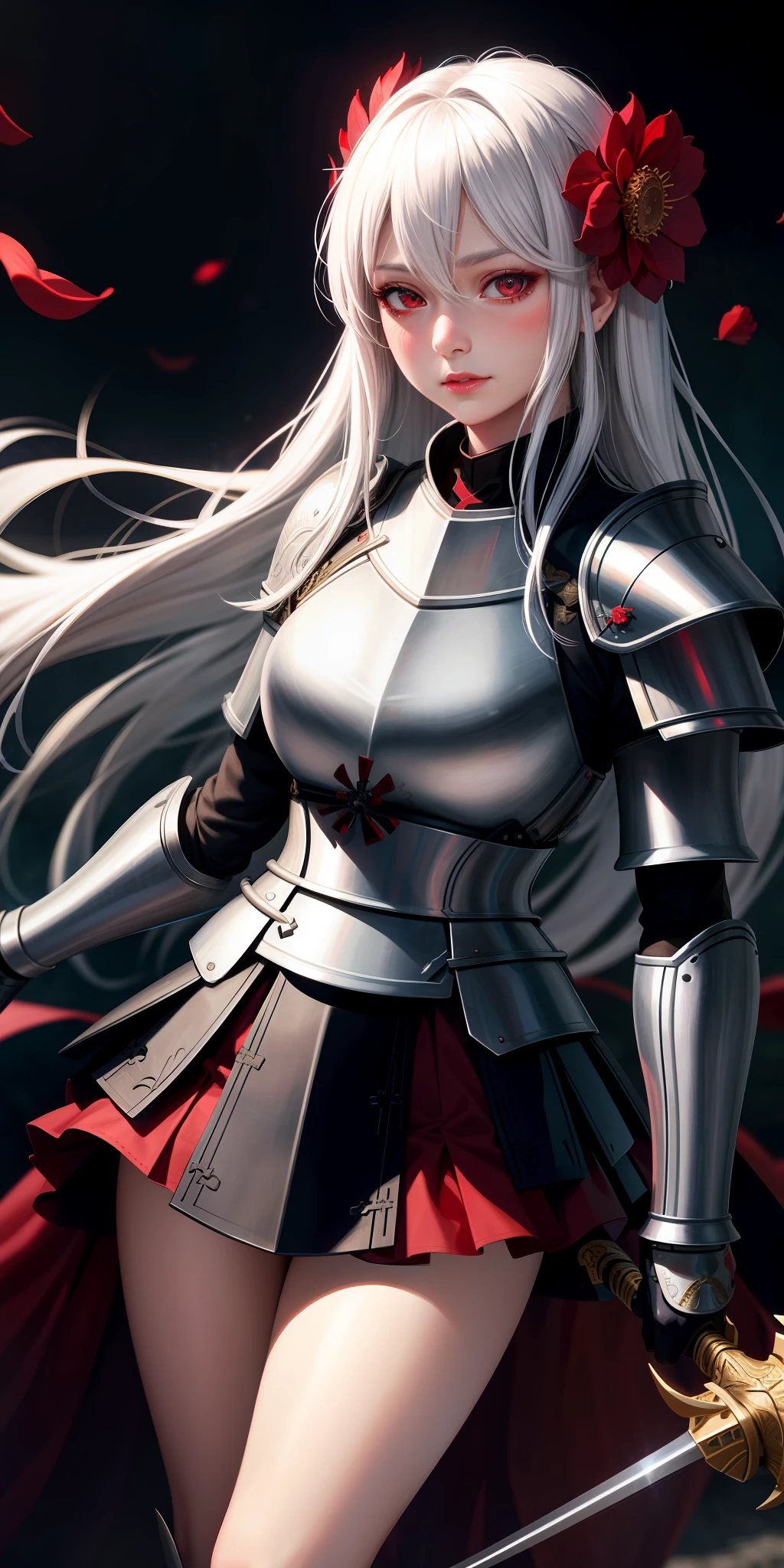 realistic, 1girl, white hair, red eyes, bright eyes,armor, skirt, lips half-open, blush, night, flowers, sun, sunlight, hashira, samurai, armor, dungeons