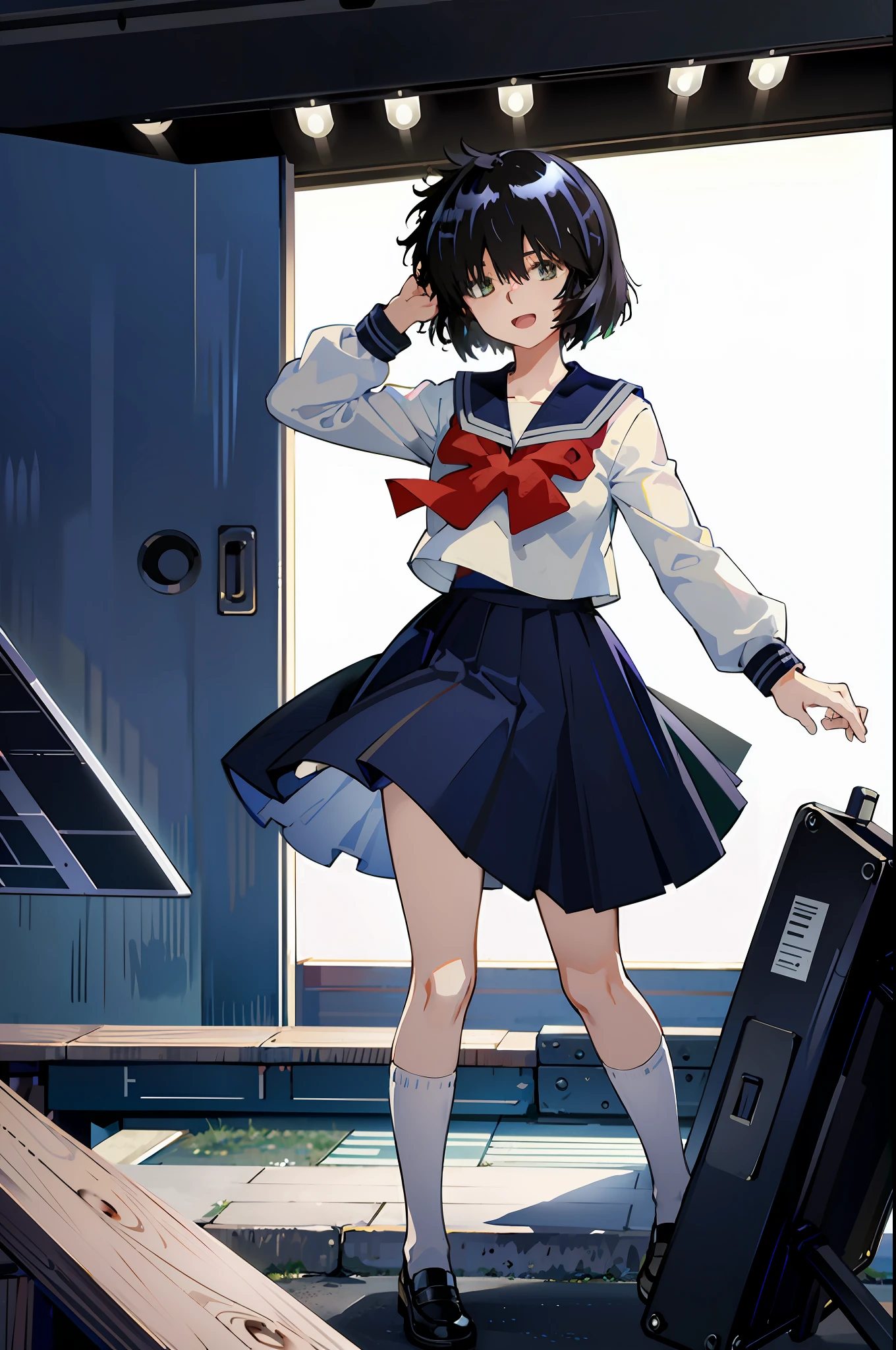 Mikoto urabe, 1girl, school uniform, skirt, solo, short hair, dark. green eyes, serafuku, black hair, sailor collar, shirt, long sleeves, blurry, looking at viewer, bow, blurry background, white shirt, stairs, pleated skirt, black skirt, smile, red bow, hair over eyes, bangs, depth of field, black sailor collar, standing, outdoors, beach, light blue neckerchief, closed mouth, bowtie, blue skirt, akebisailor, open mouth,