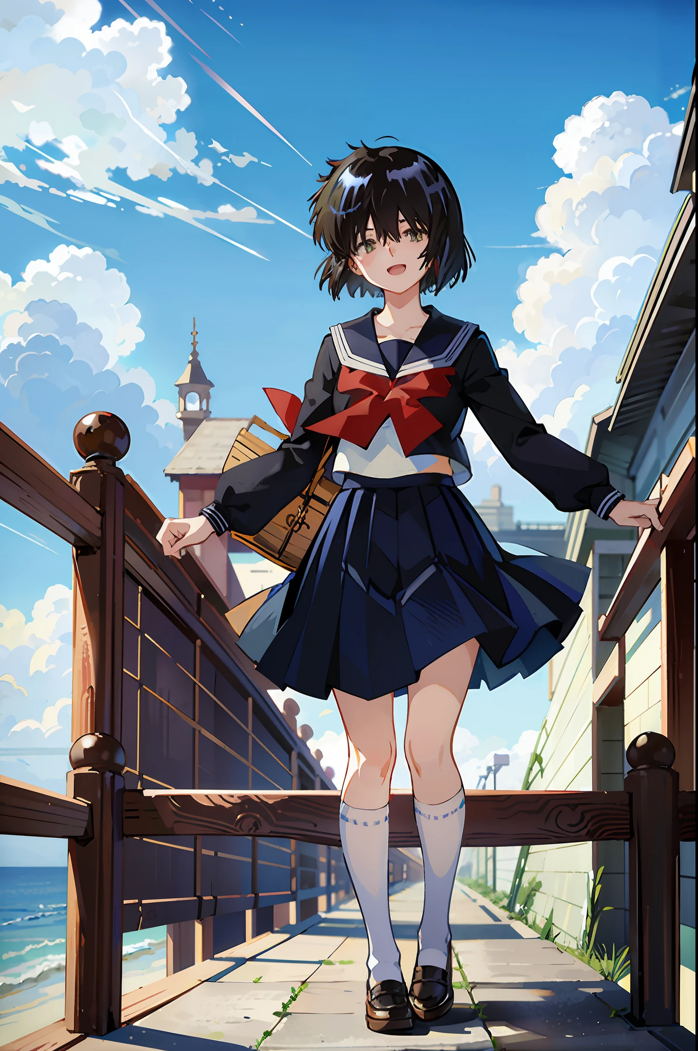 Mikoto urabe, 1girl, school uniform, skirt, solo, short hair, dark. green eyes, serafuku, black hair, sailor collar, shirt, long sleeves, blurry, looking at viewer, bow, blurry background, white shirt, stairs, pleated skirt, black skirt, smile, red bow, hair over eyes, bangs, depth of field, black sailor collar, standing, outdoors, beach, light blue neckerchief, closed mouth, bowtie, blue skirt, akebisailor, open mouth,