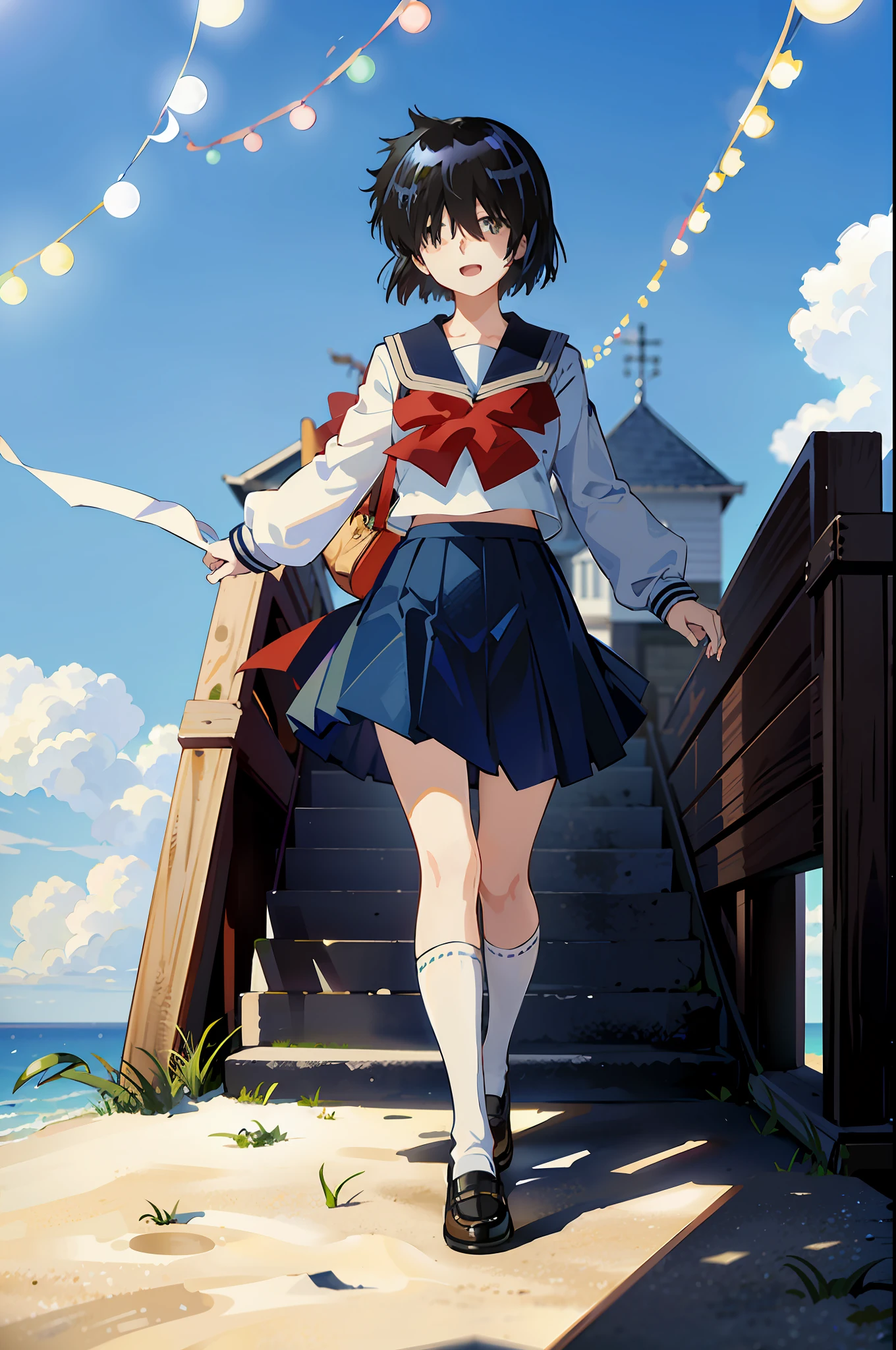 Mikoto urabe, 1girl, school uniform, skirt, solo, short hair, dark. green eyes, serafuku, black hair, sailor collar, shirt, long sleeves, blurry, looking at viewer, bow, blurry background, white shirt, stairs, pleated skirt, black skirt, smile, red bow, hair over eyes, bangs, depth of field, black sailor collar, standing, outdoors, beach, light blue neckerchief, closed mouth, bowtie, blue skirt, akebisailor, open mouth,