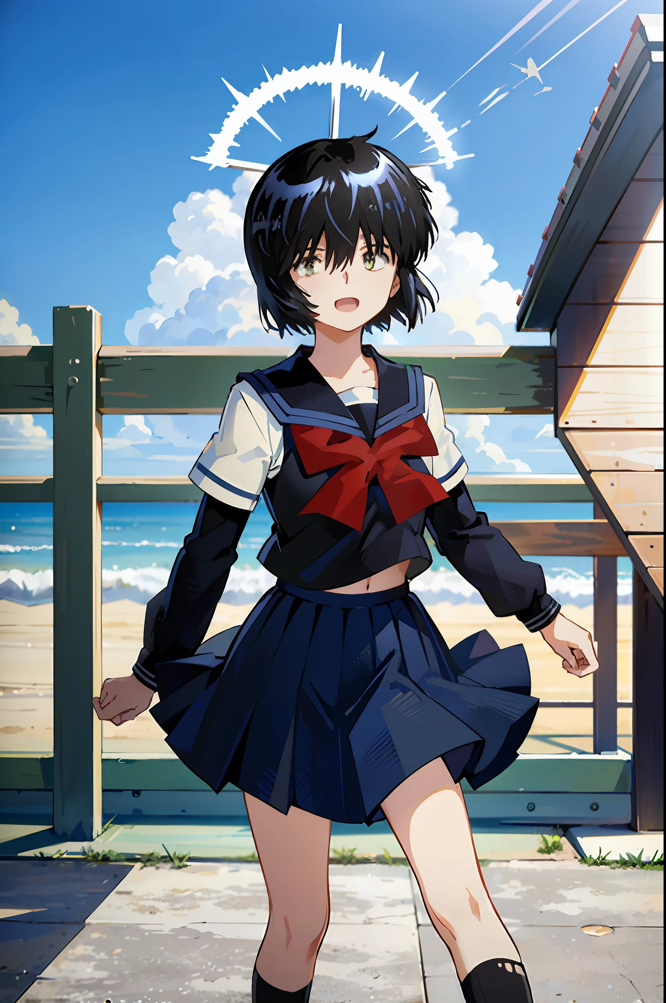 Mikoto urabe, 1girl, school uniform, skirt, solo, short hair, dark. green eyes, serafuku, black hair, sailor collar, shirt, long sleeves, blurry, looking at viewer, bow, blurry background, white shirt, stairs, pleated skirt, black skirt, smile, red bow, hair over eyes, bangs, depth of field, black sailor collar, standing, outdoors, beach, light blue neckerchief, closed mouth, bowtie, blue skirt, akebisailor, open mouth,