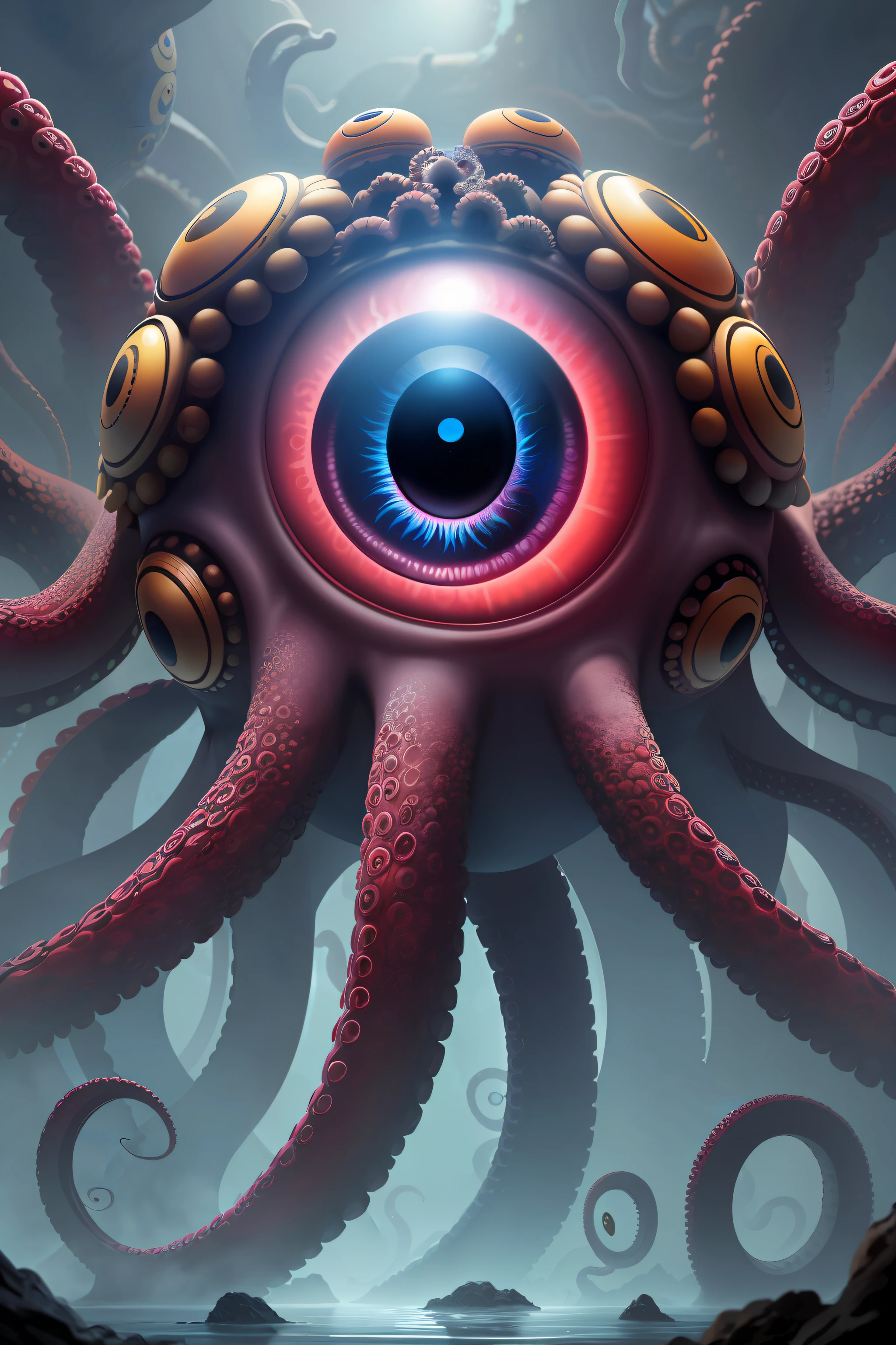 Giant eye, with octopus tentacles, multiple eyes around its body, giant, multiple eyes, award-winning digital art, absurd details, eyes, photorealistic, 4k