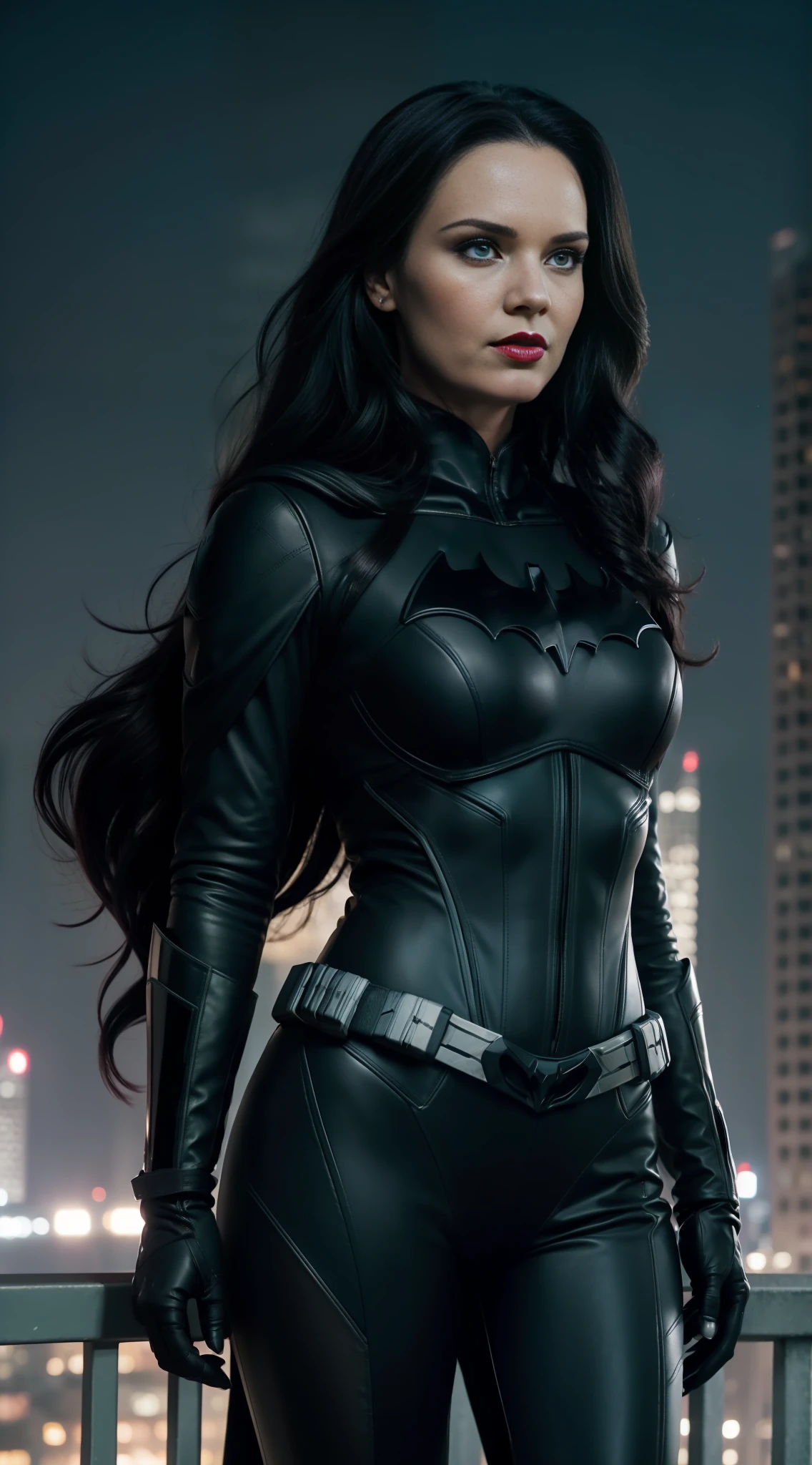 1girl, (((solo))), Tarja Turunen dressed in DC Comics Batman uniform (((complex details, absurd))). The uniform covers his entire body (predominant color black), with the Batman symbol on his chest, utility belt, short cape, boots and gloves. Long black hair. Detail green eyes. Highly detailed face, slightly pink cheeks, mascara in the eyes, red lipstick in the mouth, proud facial expression. Cover swaying with the wind (((insane details))). Full-length portrait showing an imposing posture, towards the viewer. Head proportional to the body. In the background a city with tall buildings and a starry night sky. Hyper realistic, highly detailed, cinematic, movie poster. 8K