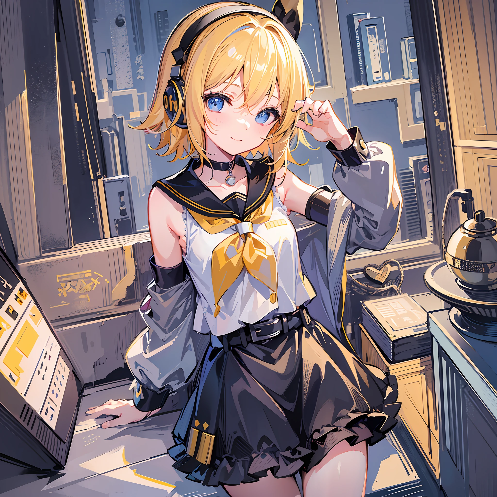 Masterpiece, Top Quality, Illustration, Super Detail, High Resolution, Absurdity, One Girl, (Kagamine_Rin: 1.5), Vocaloid, Very Cute, [Blonde], [Short Hair], Hair Clip, (Beautiful Blue Eyes), Lively Eyes, (Bright Eyes: 1.2), Beautiful Girl, Smiling, [Sailor Suit in White Tone], (Black Shorts: 1.5), Belt, shoulders are cut off, (yellow neckerchief), [White hair clip], [Headphones], Love in background, Heart, Love Love, Light, Delicate hands, Innocence, (Young: 1.3), ***********, Lori, girlfriend, bedroom, Night, Delicate eyes, Bare legs, [Blue Archive Style], [Beautiful Girl Anime Style]