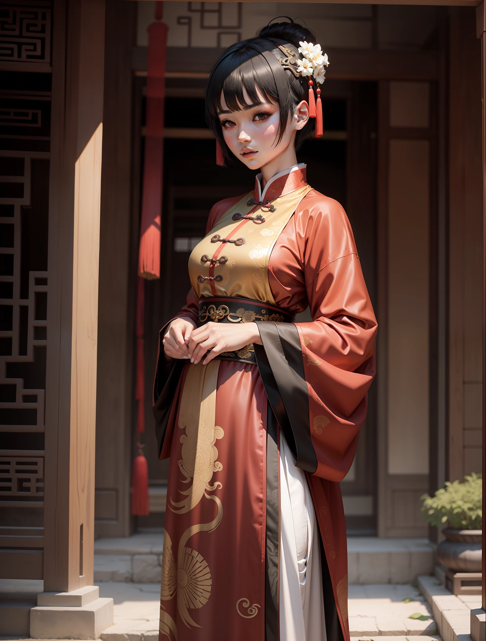 A woman with short black hair and ancient Chinese clothing