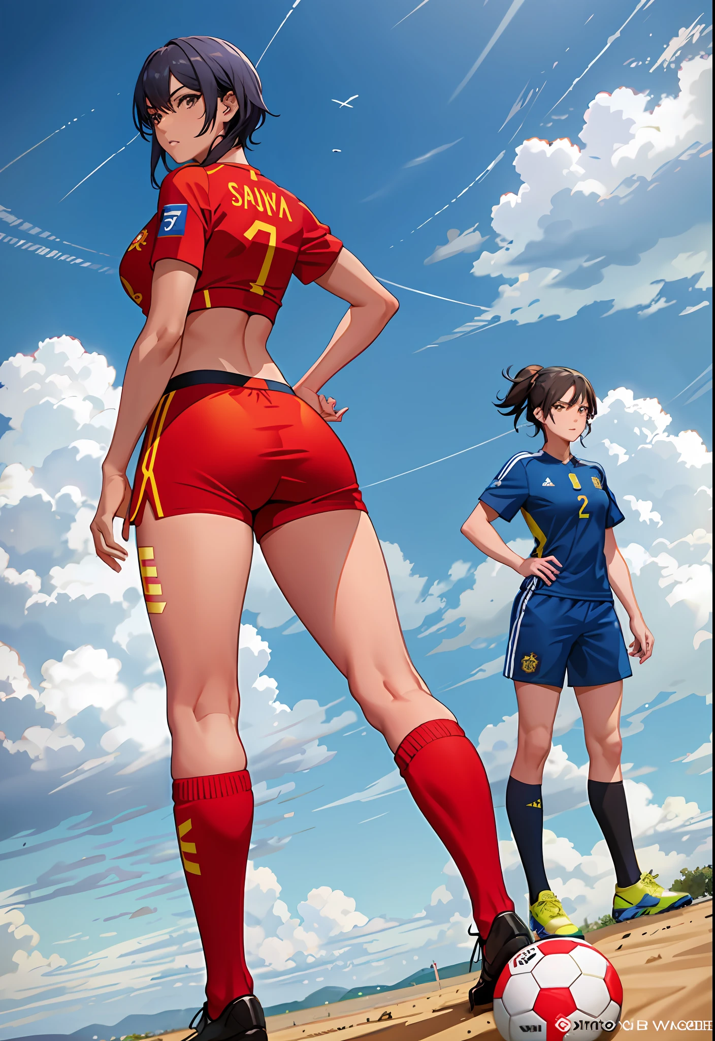 soccer players, 2 people, Spanish woman, Spain national team female player, red uniform, Brazilian woman with dark skin, Brazilian national team female player, yellow uniform, bite, soccer showdown, fierce, short hair, muscular, leg muscles, big breasts, big, big ass, big ass, blue sky, lawn