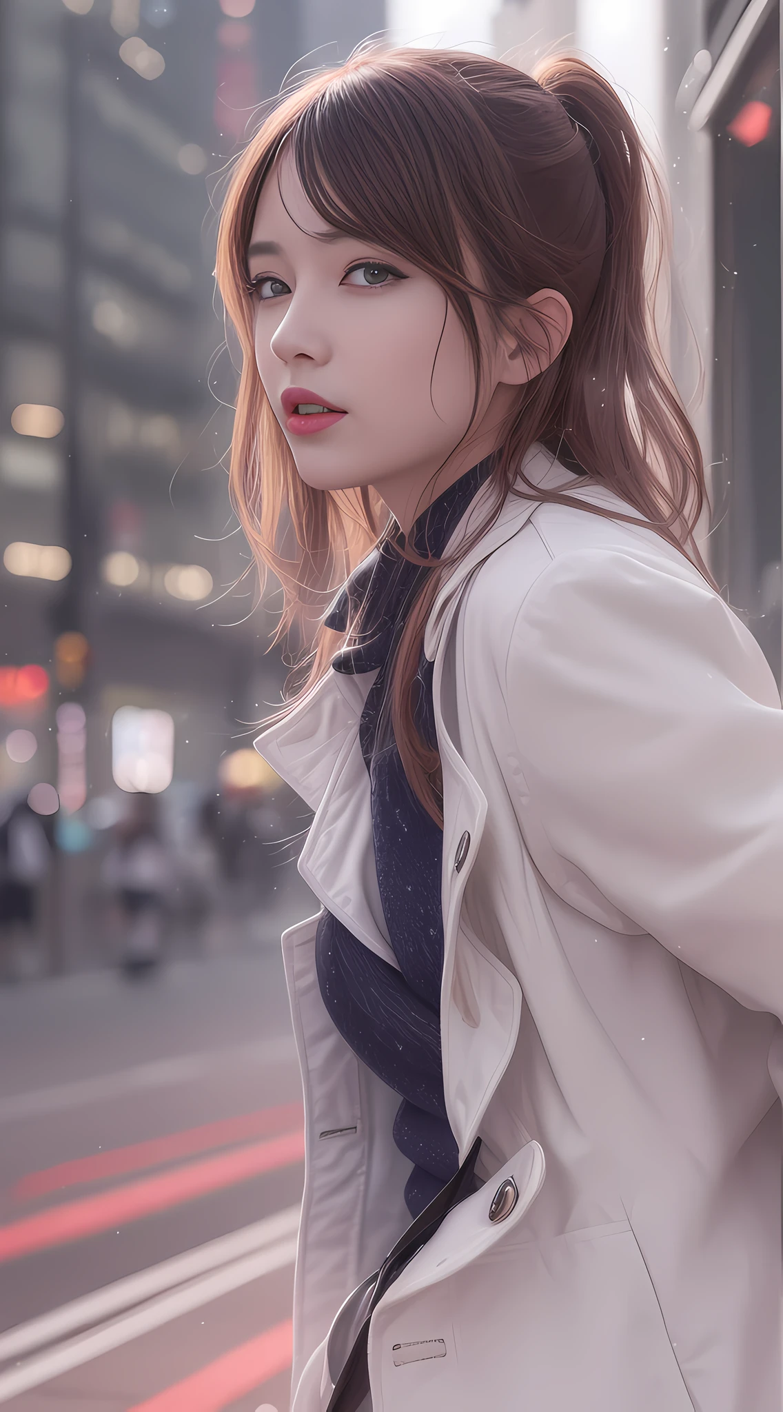 solo, (office lady,white coat,), 半身照,牛仔照, city_lights, (looking viewer:1.3), 唇裂, red_lips, 有光泽的皮肤, skindentation, best quality, ultra high res, (photorealistic:1.4 ),