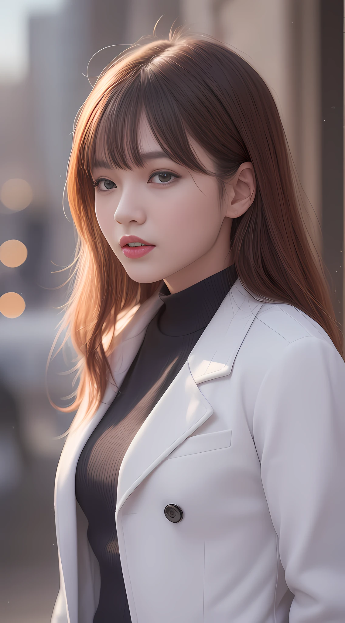 solo, (office lady,white coat,), 半身照,牛仔照, city_lights, (looking viewer:1.3), 唇裂, red_lips, 有光泽的皮肤, skindentation, best quality, ultra high res, (photorealistic:1.4 ),
