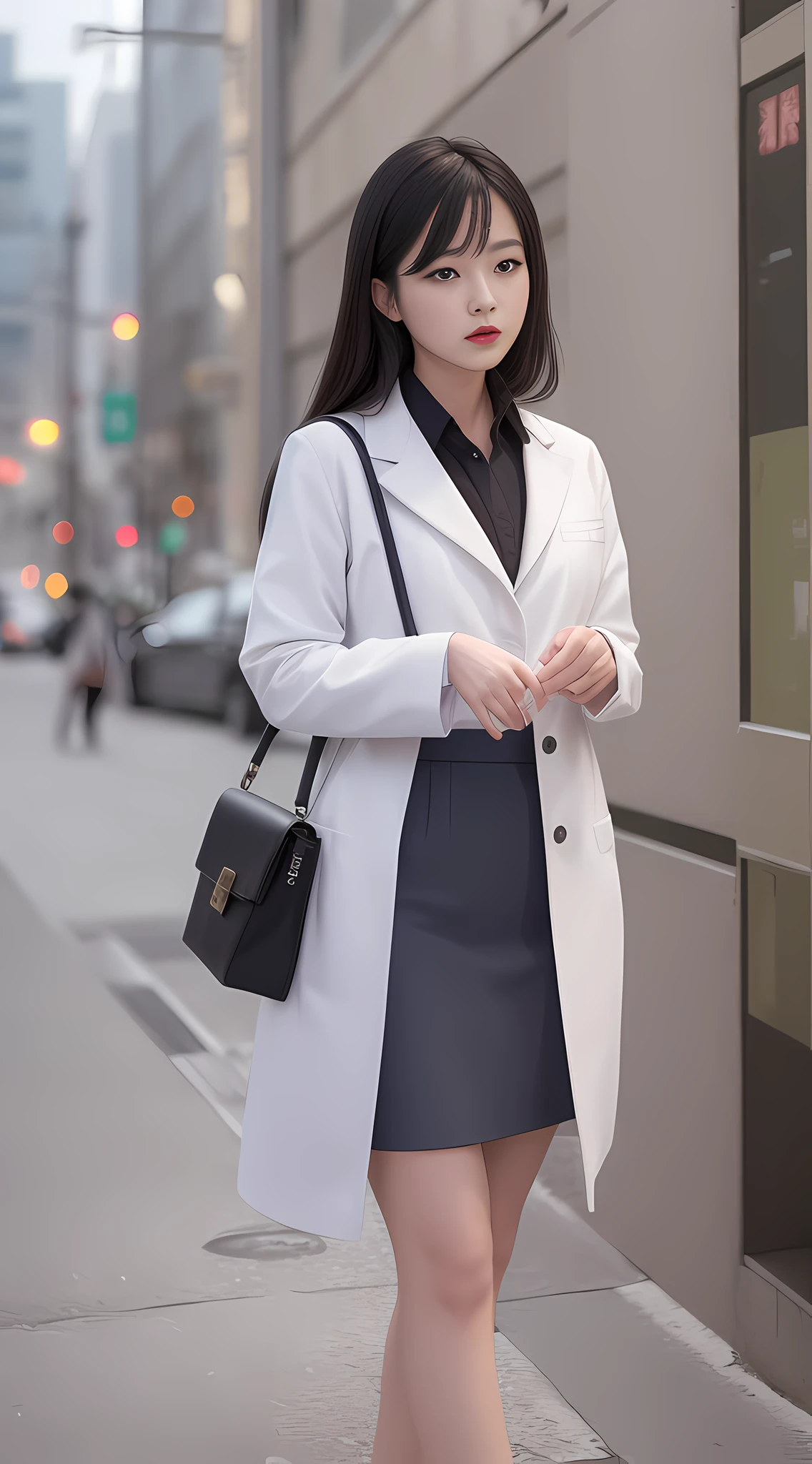 solo, (office lady,white coat,), 半身照,牛仔照, city_lights, (looking viewer:1.3), 唇裂, red_lips, 有光泽的皮肤, skindentation, best quality, ultra high res, (photorealistic:1.4 ),
