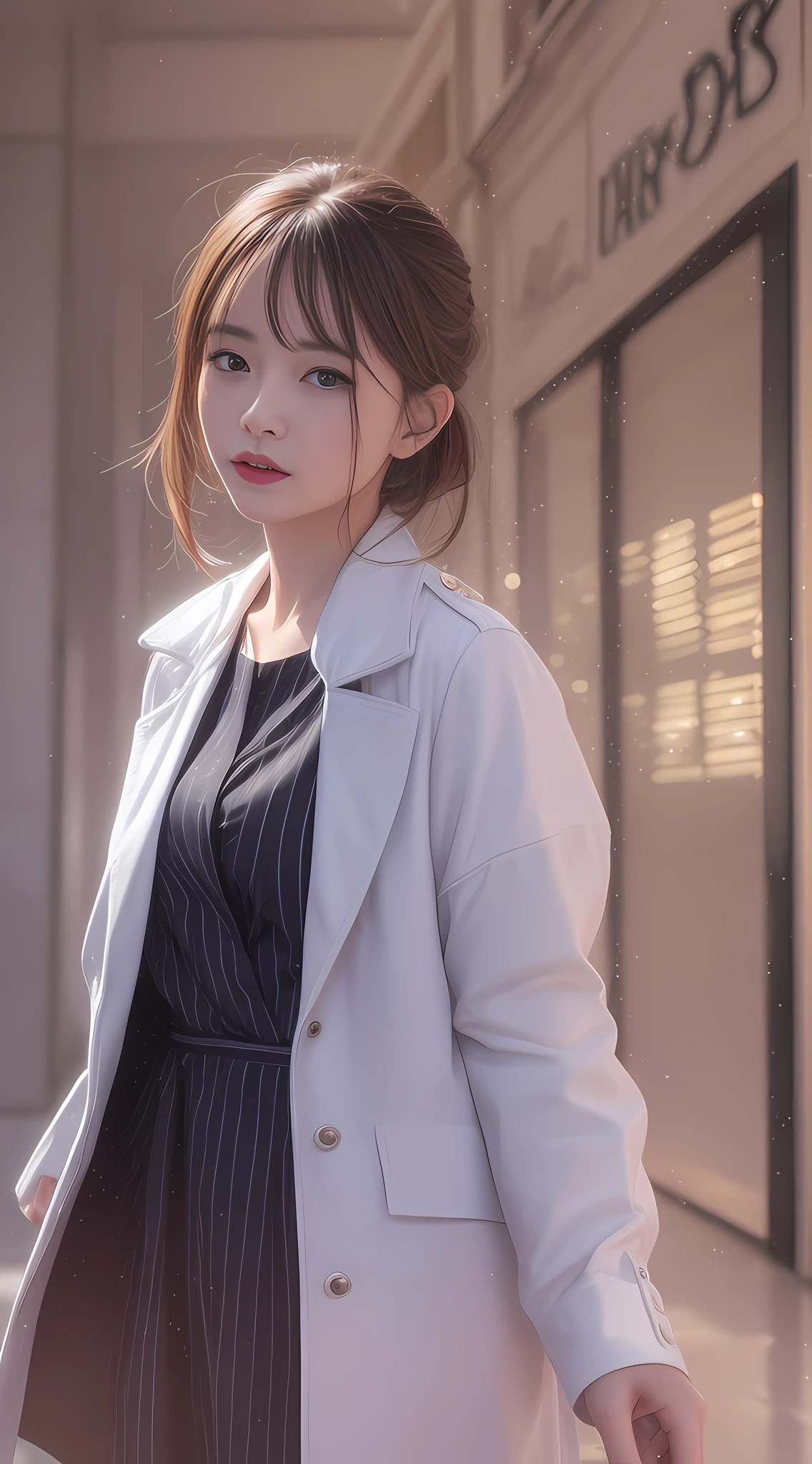solo, (office lady,white coat,), 半身照,牛仔照, city_lights, (looking viewer:1.3), 唇裂, red_lips, 有光泽的皮肤, skindentation, best quality, ultra high res, (photorealistic:1.4 ),