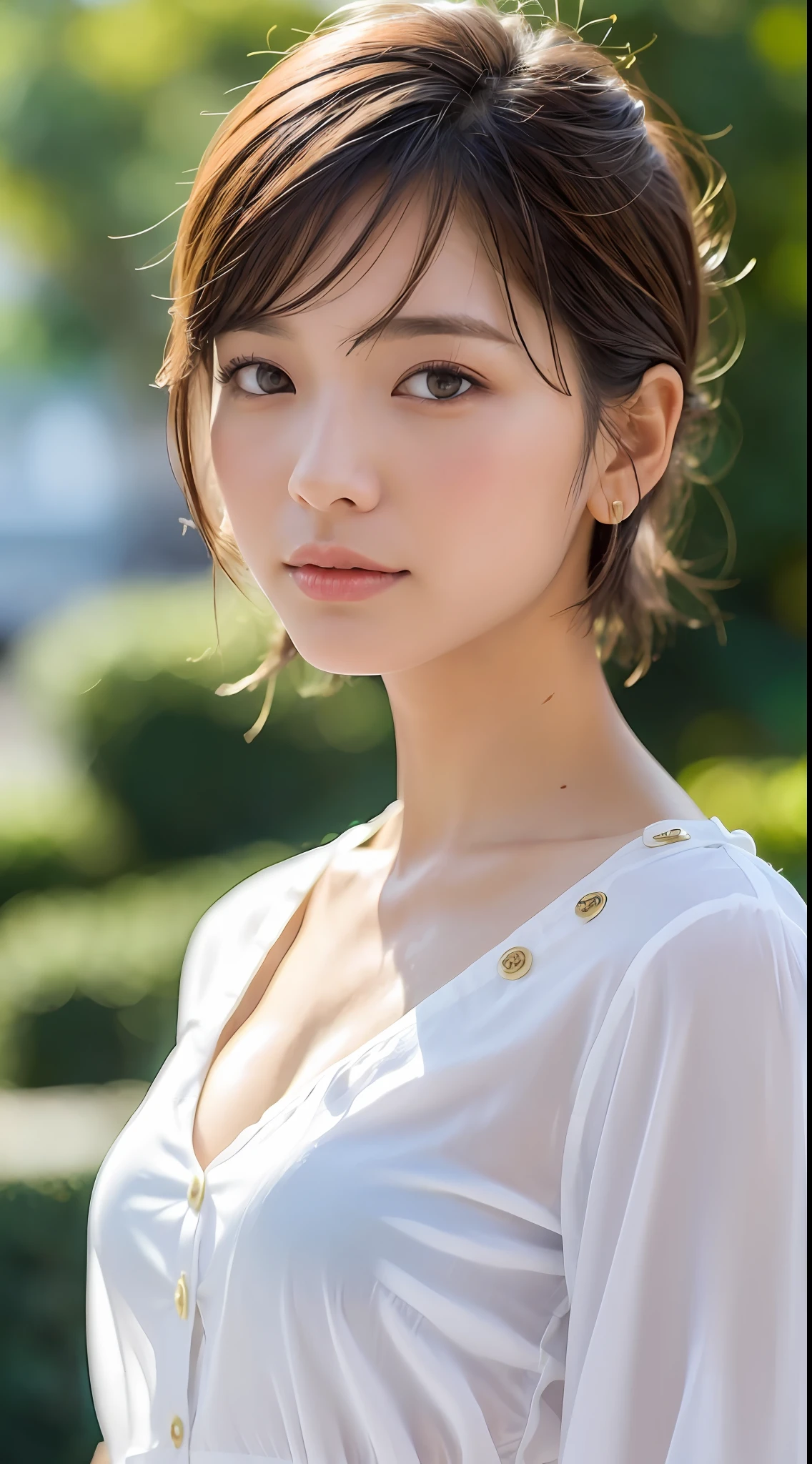 ((Top Quality, 8k, Masterpiece: 1.3)), Sharp Focus: 1.2, Perfect Body Shape Pretty Women: 1.4, Slim Abs: 1.2, ((Layered Haircut, 2), (White Long Shirt with White Buttons: 1.1), (Street: 1.2), Wet Body: 1.5, Highly Detailed Face and Skin Texture, Detailed Eyes, Background Bokeh,