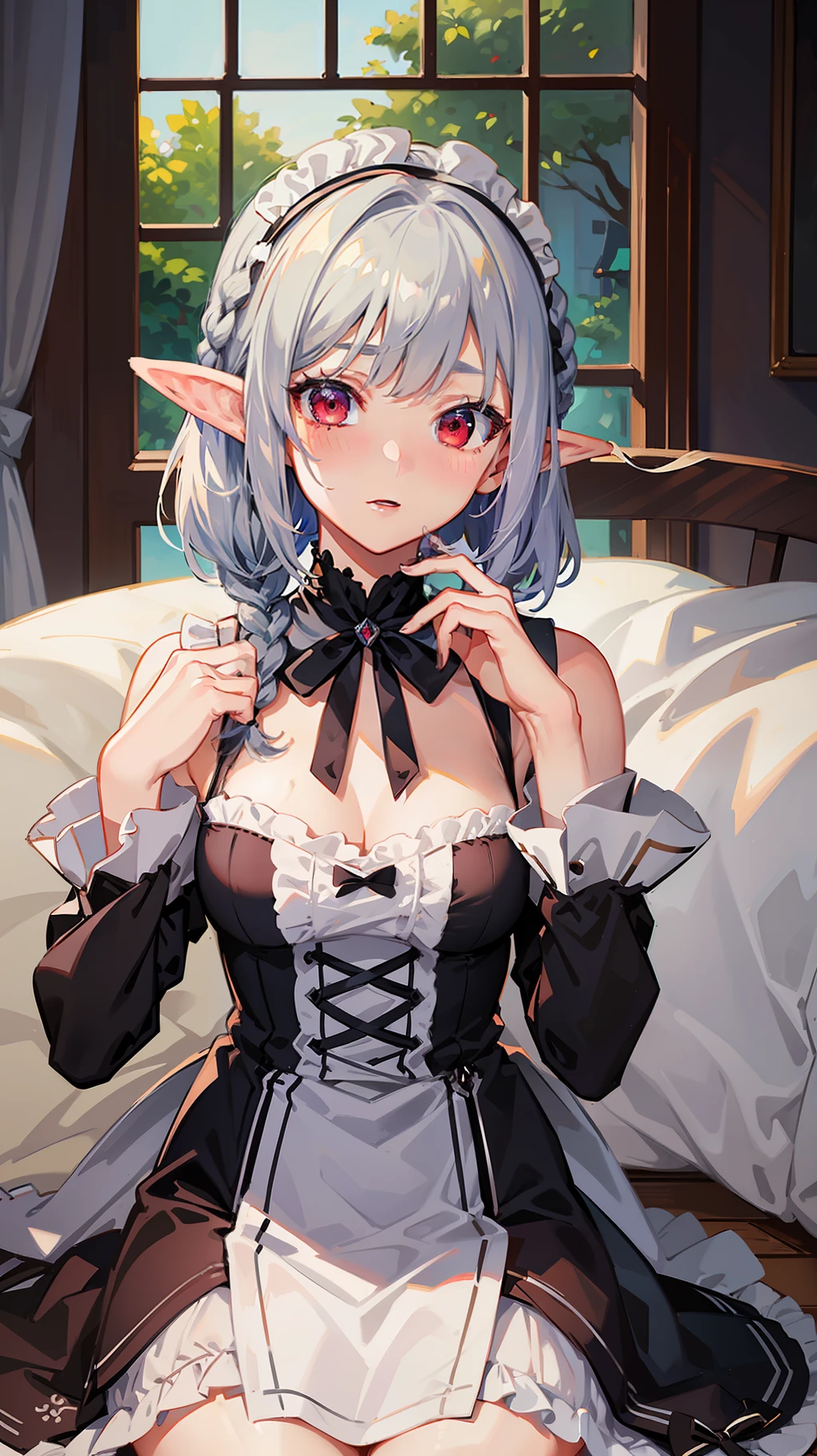 1 Girl Full Body, Elf, Silver Hair, Red Eyes, Bob Cut, Braid, Maid, Maid Clothes, Put Your Hands on Their Face, Embarrassed, Blush, Concept Art, Beautiful Anime Scene, Beautiful Anime Scenery, Top Rated on pixiv, Best Quality, 4K