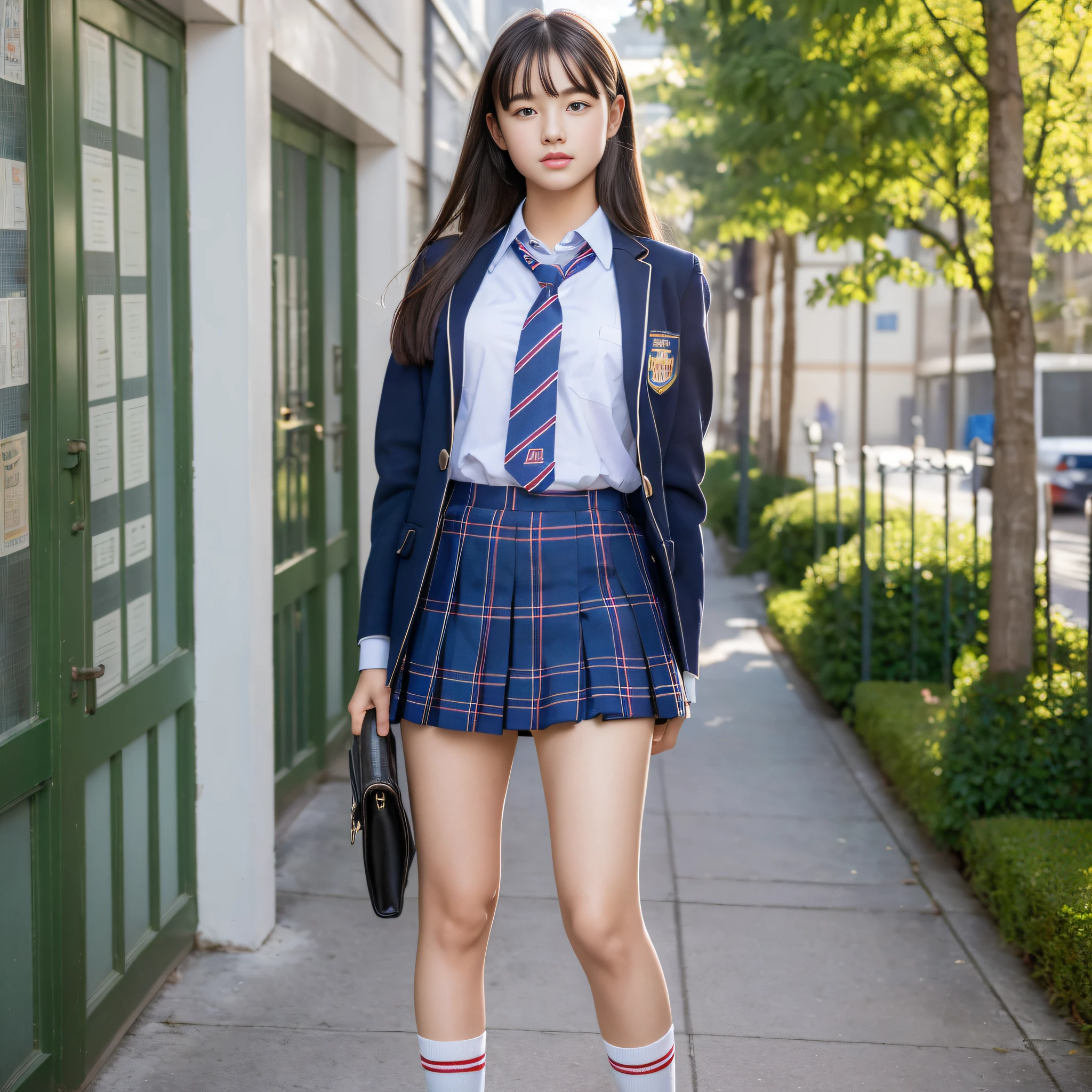 "(Masterpiece, best image quality, 1girl, beautiful schoolgirl, high resolution, perfect style, school uniform, socks, shoes, school building, fine details of limbs, 16K, radiant skin), perfect body structure, perfect sizing, realistic, left and right limbs."