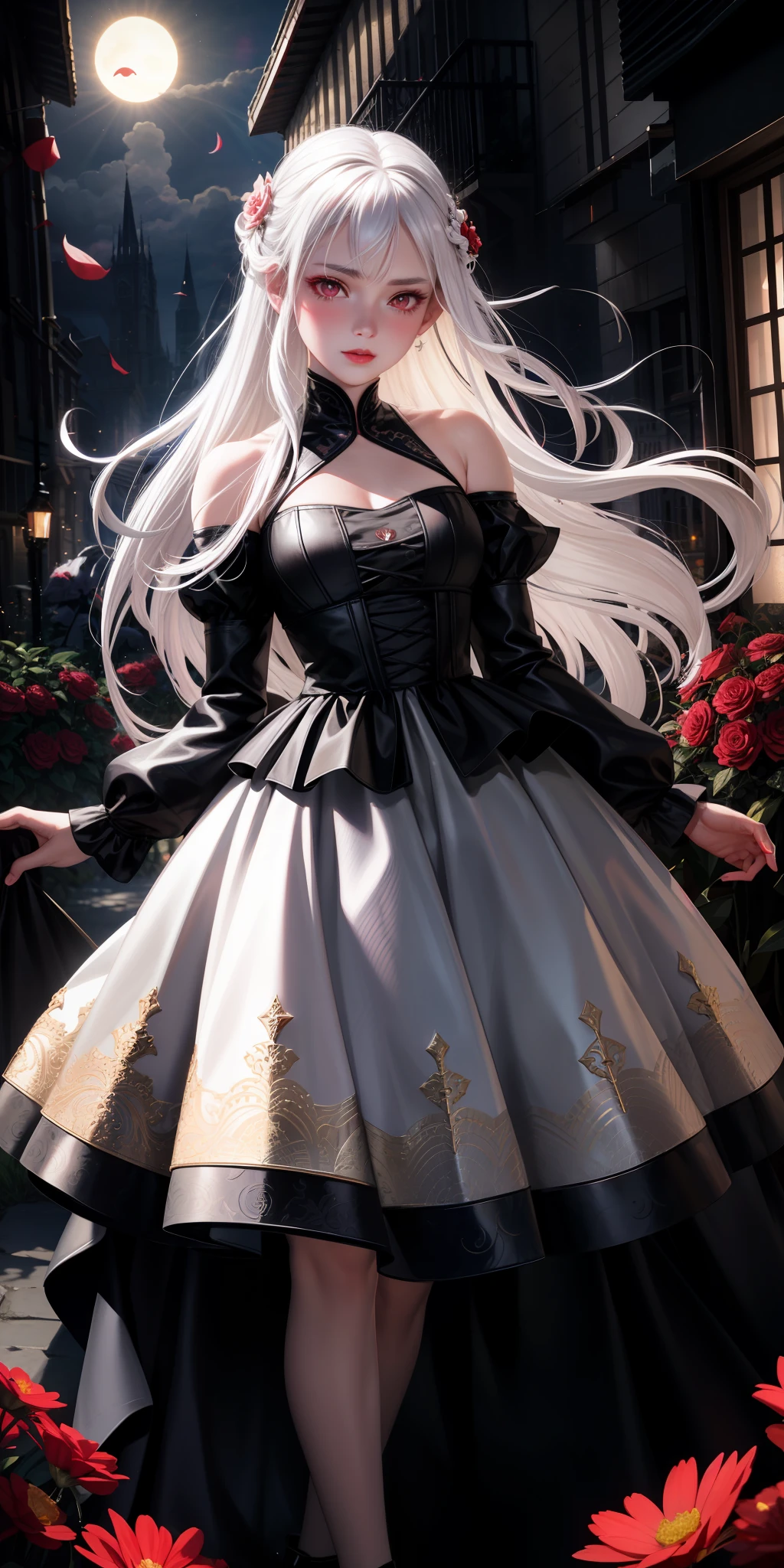 realistic, 1girl, white hair, red eyes, bright eyes, dracarys, skirt, lips parted, blush, night, flowers, sun, sunlight, dress, dungeons