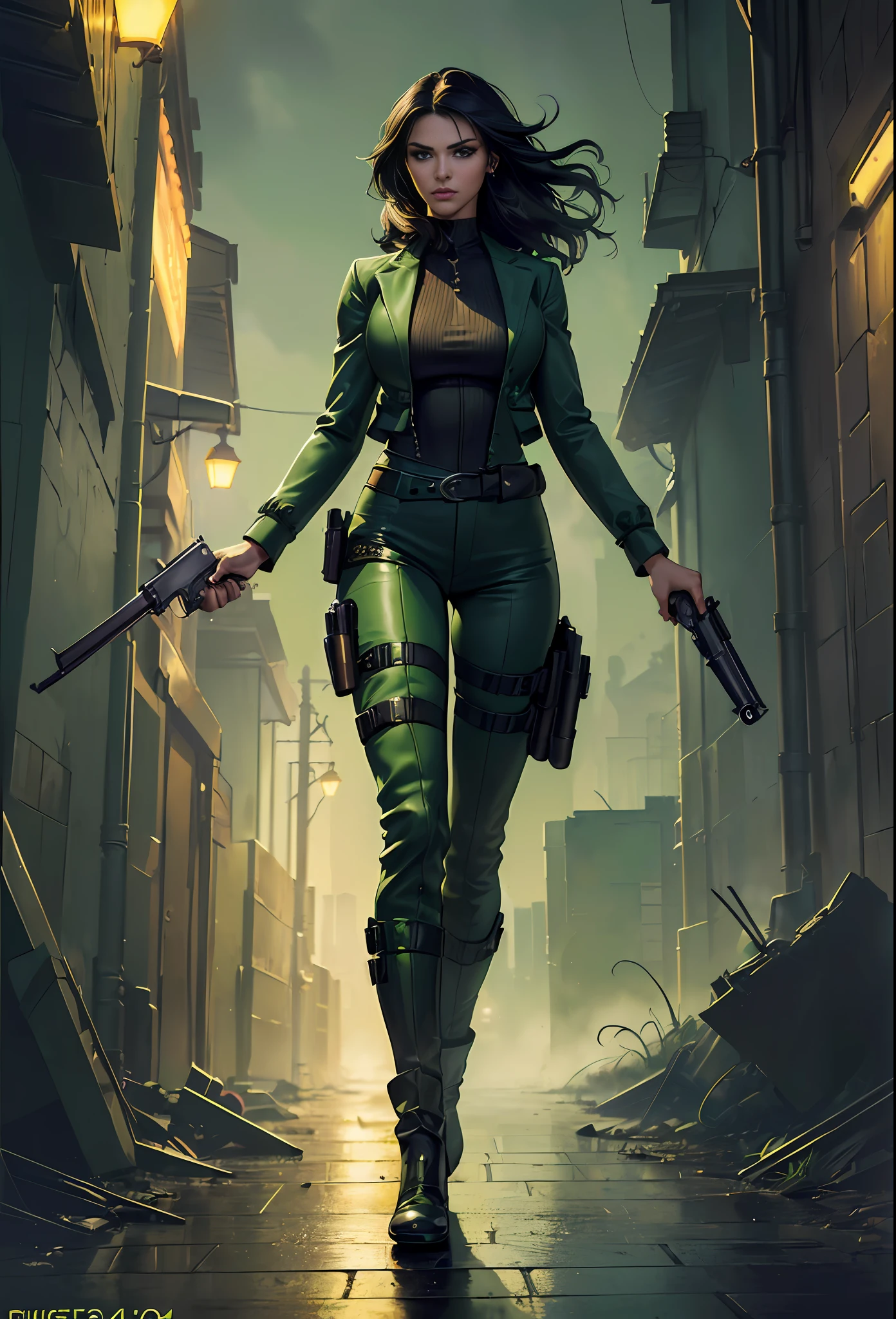 (
    (Character: 1 woman, (holding pistols:1.4), black hair,medium sexy hair:1.3,lean body:1.3,long legs:1.3)
    (Outfit: black sexy jumpsuit:1.3, green sexy jacket:1.4, boots, holster)
    (Pose: full body:1.3)
    (Background: dark alley, bright urban lights in the background, fog, night, green color scheme)
    (Style: ((Best quality)), ((masterpiece)), (detailed face: 1.4), photo-realistic: 1.3, hyper-realistic)
)