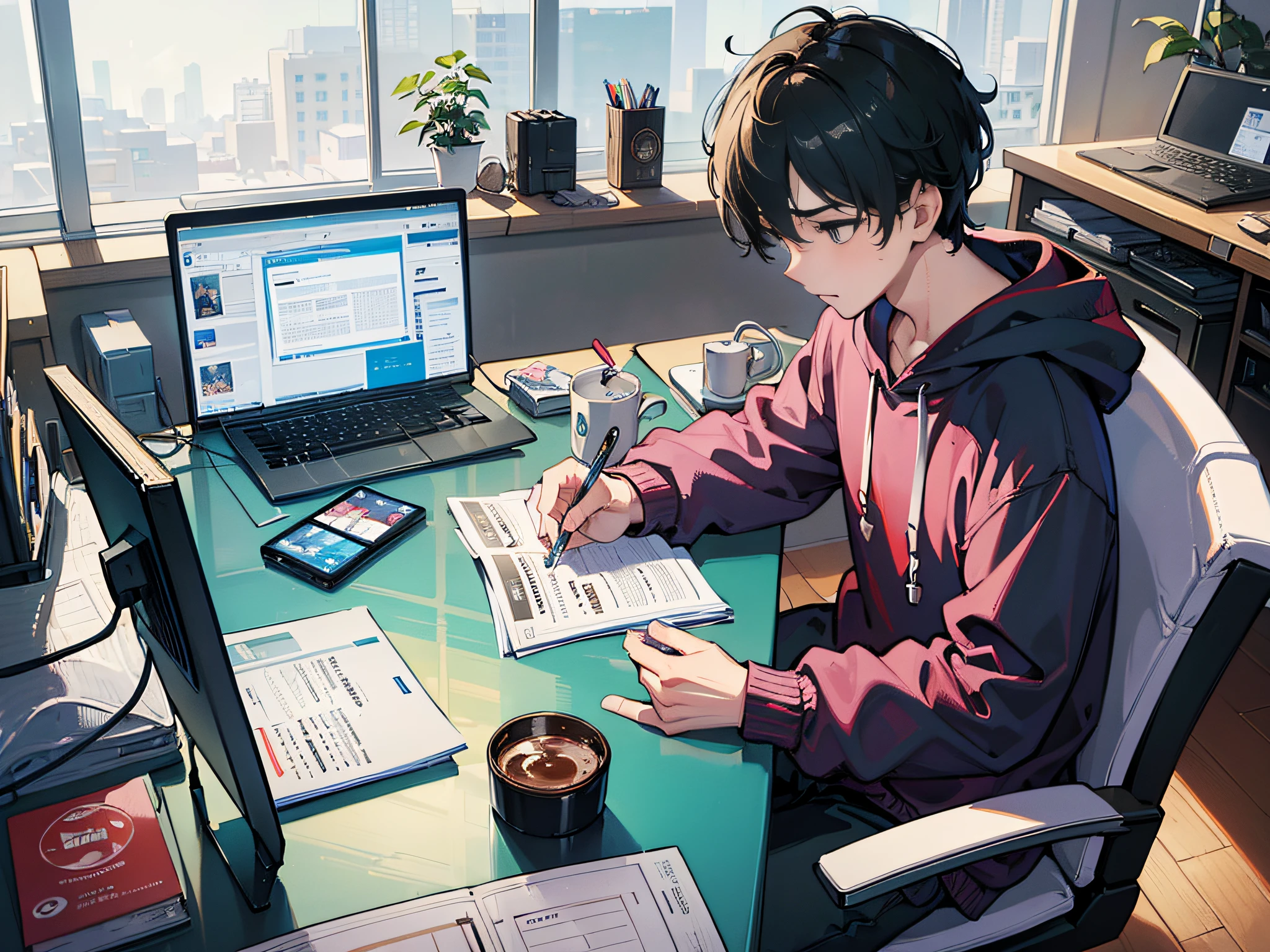 ((best quality)), ((ultra-detailed))). (((Masterpiece))), illustration. A boy with a credit card in hand, carefully filling out a form for buying sparring services in front of the computer, wearing a loose sweatshirt and loose pants. Computer screens and computer desks