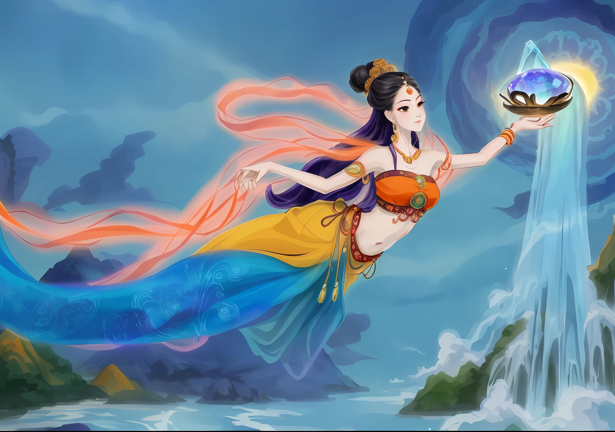 Nuwa makes up the sky, Nuwa is the goddess of ancient Chinese myths and legends, the sky reveals a hole, an ancient Chinese beauty, human head and snake tail, (hand raised a colorful crystal stone above the head), flowing hair, dancing posture, gorgeous costumes embroidered with intricate embroidery, flowing tulle, transparent long colored streamers tied on the arms, streamers tied on the arm rings, Yingluo ring wearing, bracelets, anklets, metal chain tassels tied around the waist, Mogao cave art, inspiration for Dunhuang flying sky murals, ( Five colors: red, orange, yellow, green, cyan, blue, purple stone)