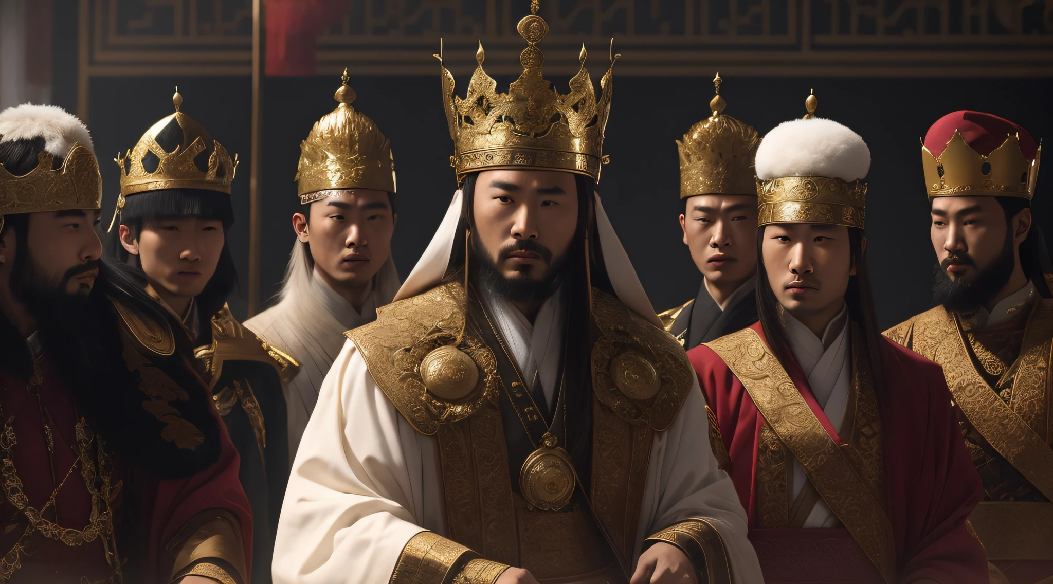 arafed group of men in traditional chinese clothing standing together, from three kingdoms, inspired by Xuande Emperor, three kingdom, chinese three kingdoms, three kingdoms, ancient kings in white robes, inspired by Wu Bin, celebrating a king being crowned, royal emperor, by Xuande Emperor, inspired by Li Cheng, guweiz masterpiece, god emperor --auto --s2