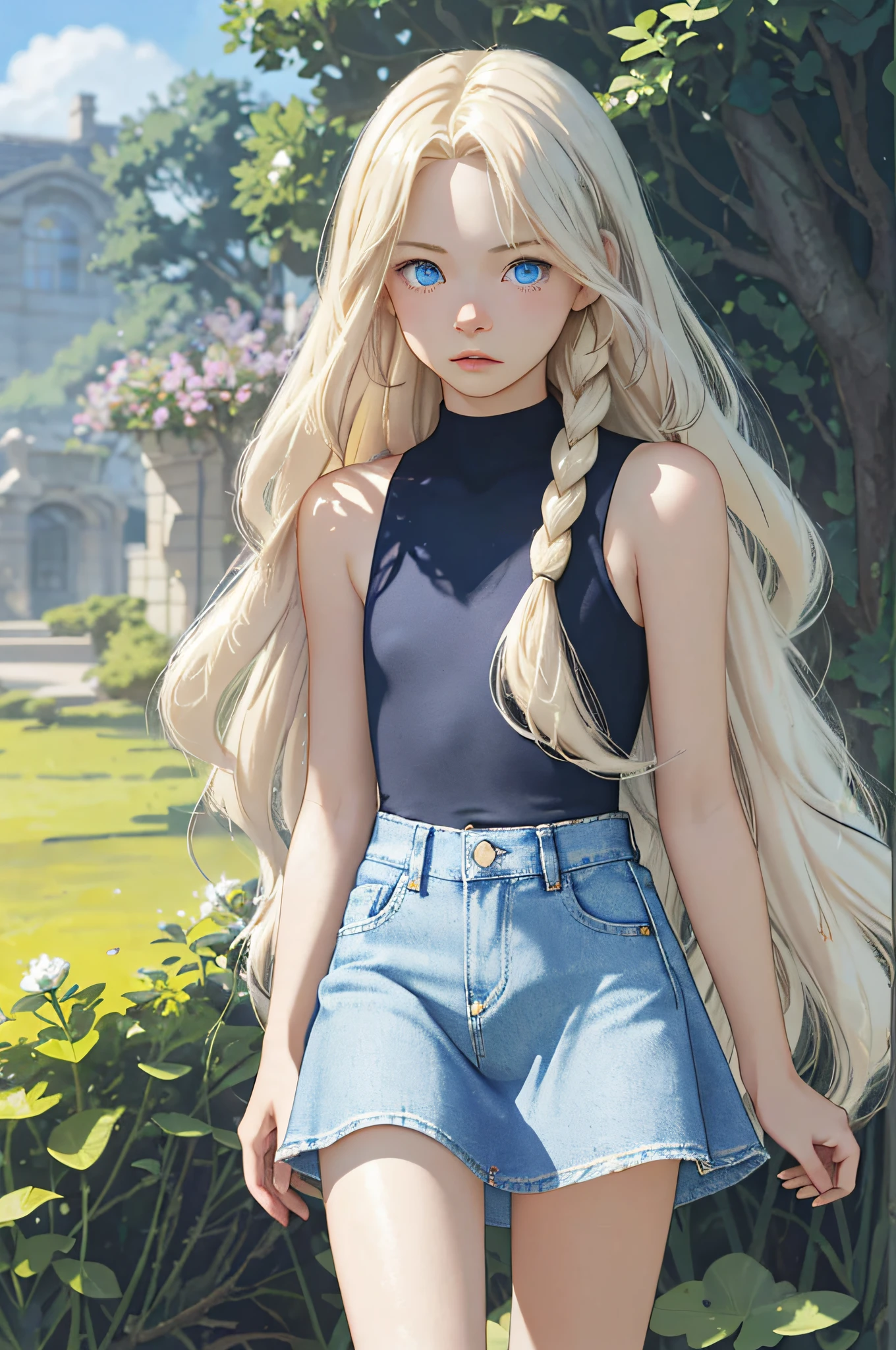 (masterpiece, best quality), ultra high resolution, depth of field, 1 pretty anime girl, ************, finely detailed, high details, high-quality shadow, beautifully detailed, (bokeh: 1.5), solo, flower, outdoor, day, sky, cloud, sunlight, white sleeveless top, (very short denim skirt:1.3), cropped, full body with long elegant legs, whole body in the middle of the picture, from the side, blue sky, (highly detailed skin, skin details), viewing viewer,  long blonde hair, artfully braided hair, parted lips, petite breasts, flat stomach, long hair (platinum blonde hair:1.5), ((blue eyes)), Art by Makoto Shinkai, Anime Moe Artstyle, Digital Art on Pixiv, Azur Lane Style