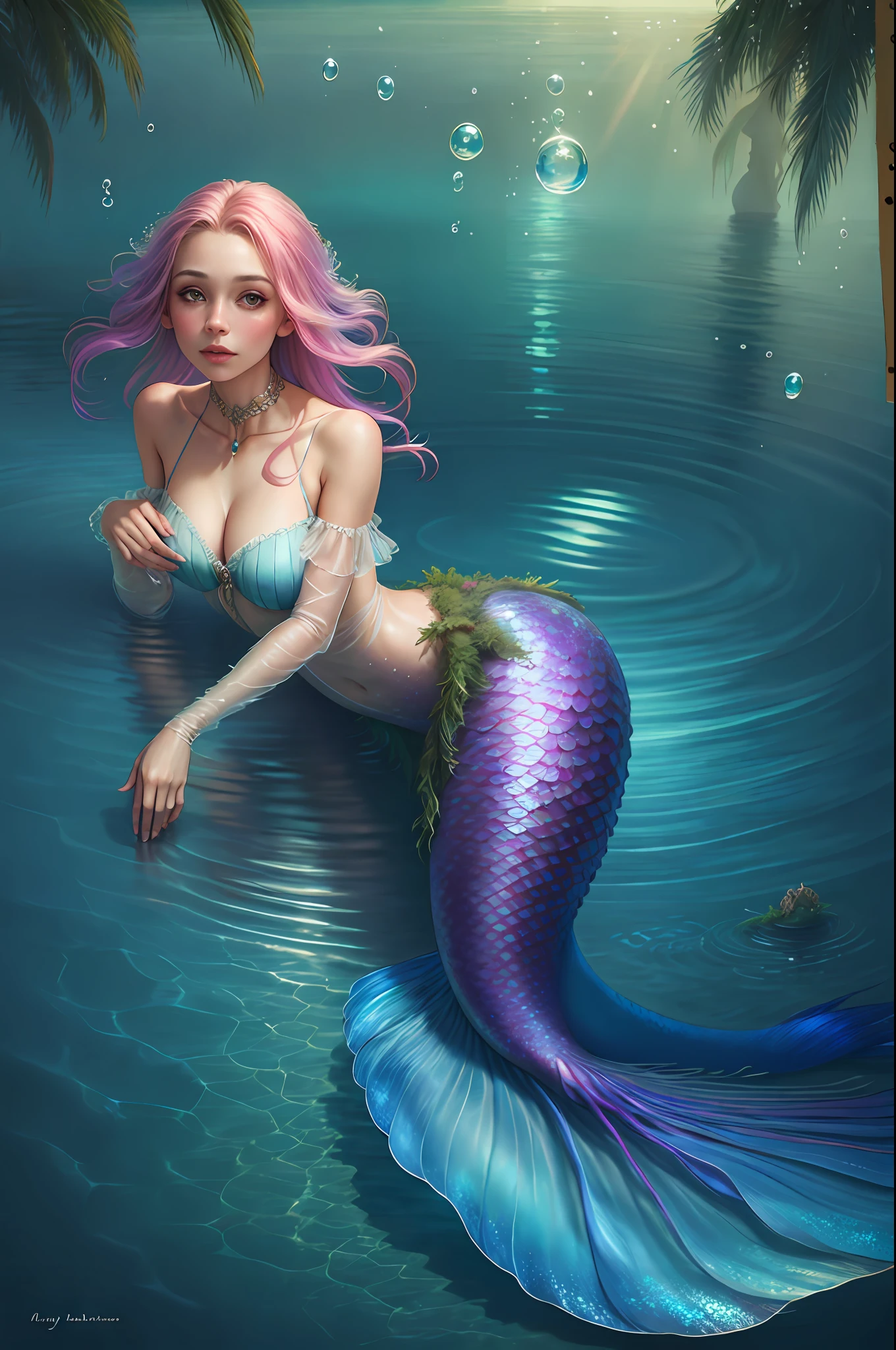 Best quality, masterpiece, ultra high res, (photo realistic:1.4), surrealism, dream-like,
1 girl, (MackenzieHyde:0.8), slip dress, fantasy art, underwater, bubble,
mermaid,