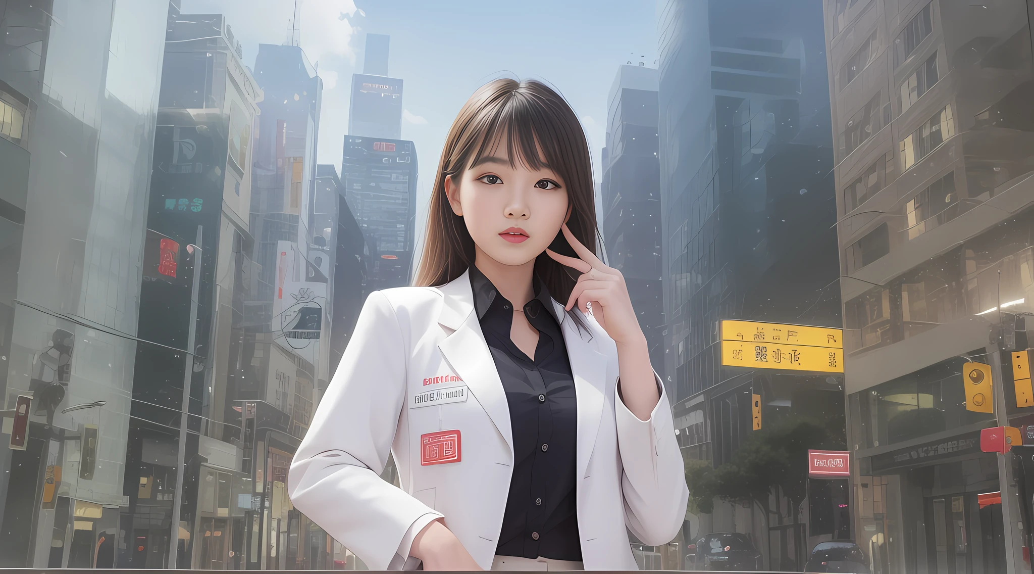 solo, (office lady,white coat,), 半身照,牛仔照, city_lights, (looking viewer:1.3), 唇裂, red_lips, 有光泽的皮肤, skindentation, best quality, ultra high res, (photorealistic:1.4 ),