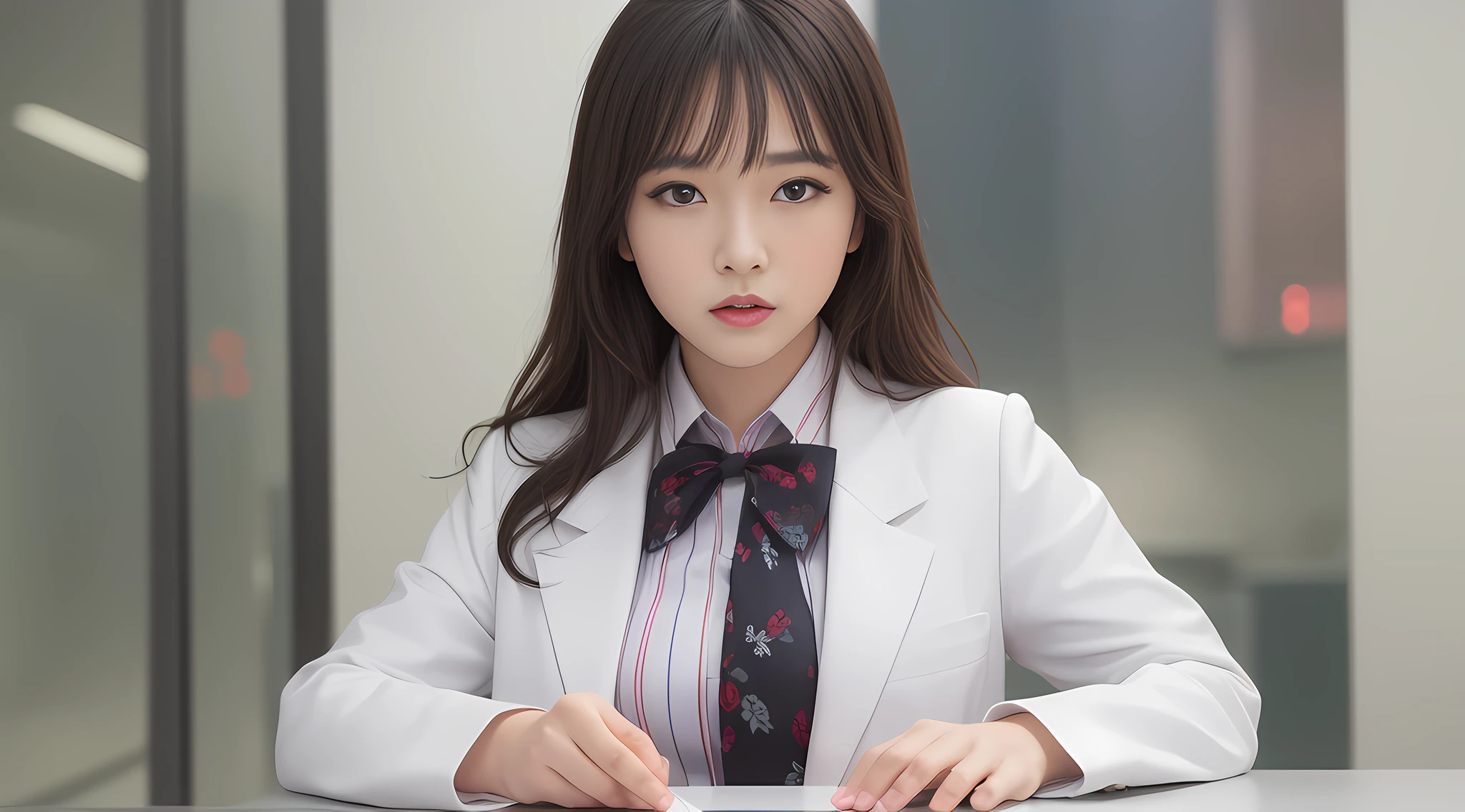 solo, (office lady,white coat,), 半身照,牛仔照, city_lights, (looking viewer:1.3), 唇裂, red_lips, 有光泽的皮肤, skindentation, best quality, ultra high res, (photorealistic:1.4 ),