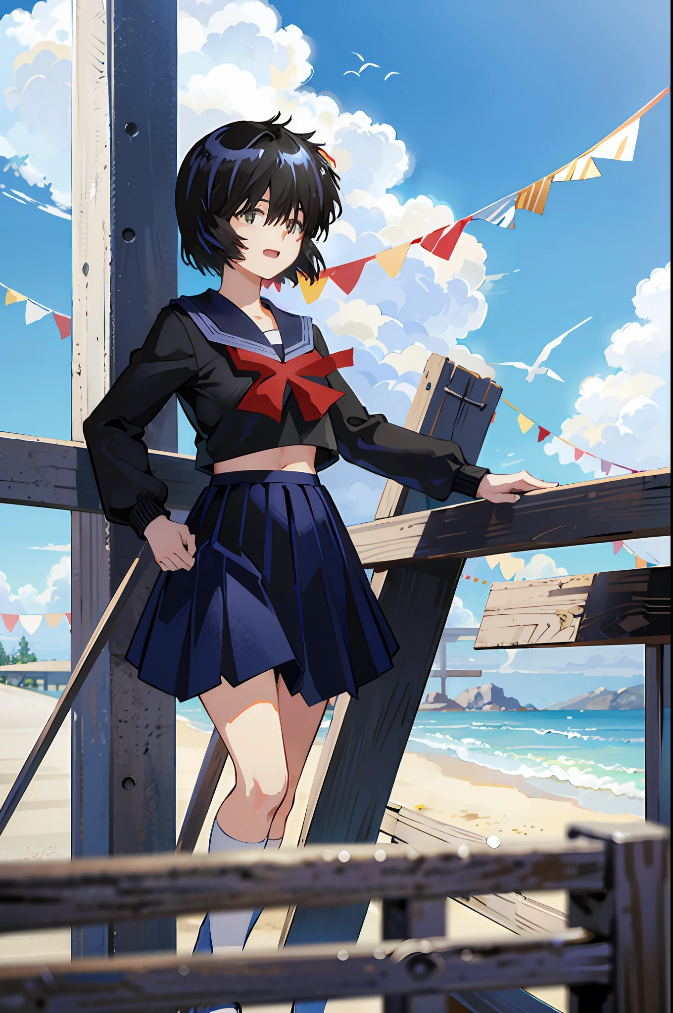 Mikoto urabe, 1girl, school uniform, skirt, solo, short hair, dark. green eyes, serafuku, black hair, sailor collar, shirt, long sleeves, blurry, looking at viewer, bow, blurry background, white shirt, stairs, pleated skirt, black skirt, smile, red bow, hair over eyes, bangs, depth of field, black sailor collar, standing, outdoors, beach, light blue neckerchief, closed mouth, bowtie, blue skirt, akebisailor, open mouth, show stomach,