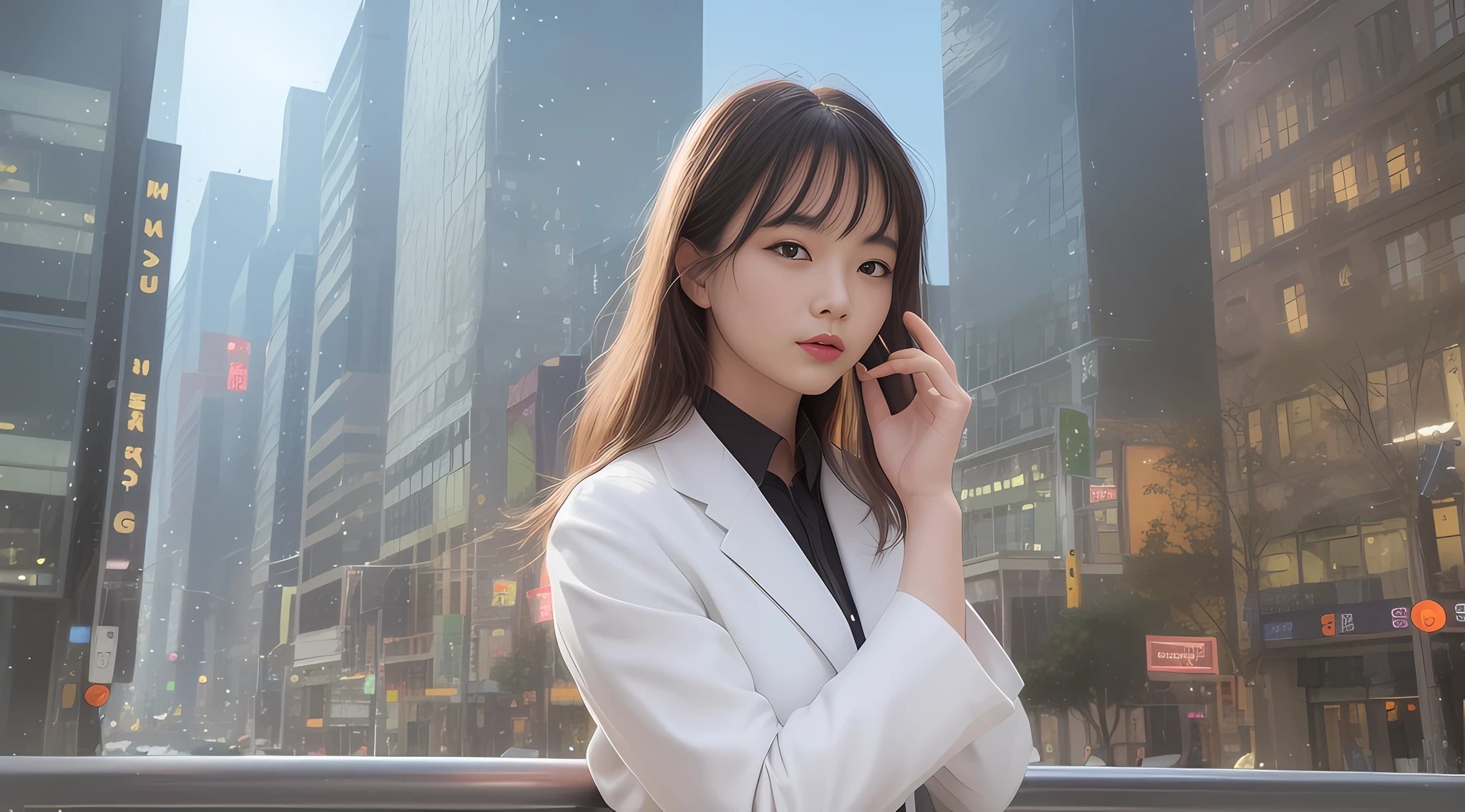 solo, (office lady,white coat,), 半身照,牛仔照, city_lights, (looking viewer:1.3), 唇裂, red_lips, 有光泽的皮肤, skindentation, best quality, ultra high res, (photorealistic:1.4 ),