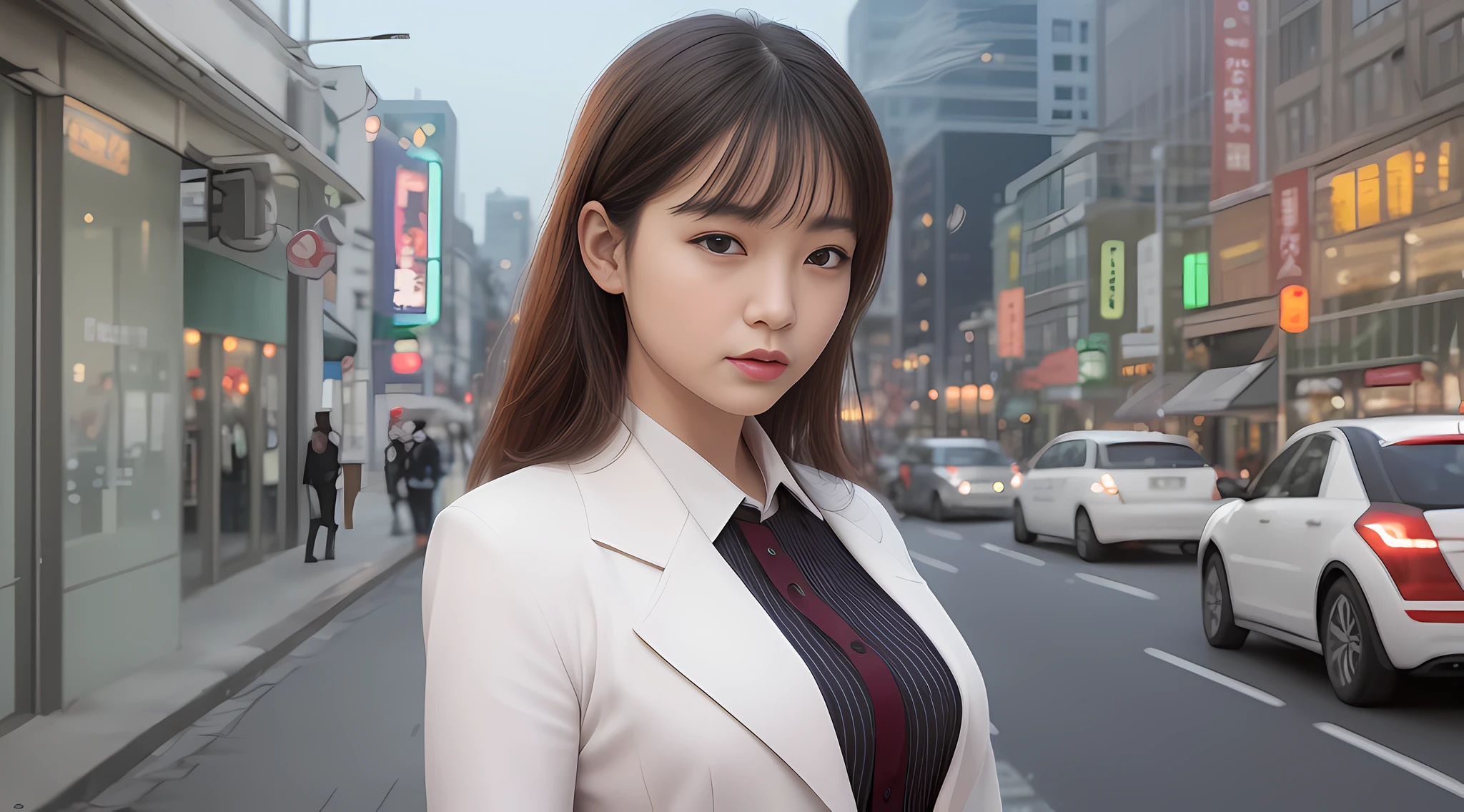 solo, (office lady,white coat,), 半身照,牛仔照, city_lights, (looking viewer:1.3), 唇裂, red_lips, 有光泽的皮肤, skindentation, best quality, ultra high res, (photorealistic:1.4 ),