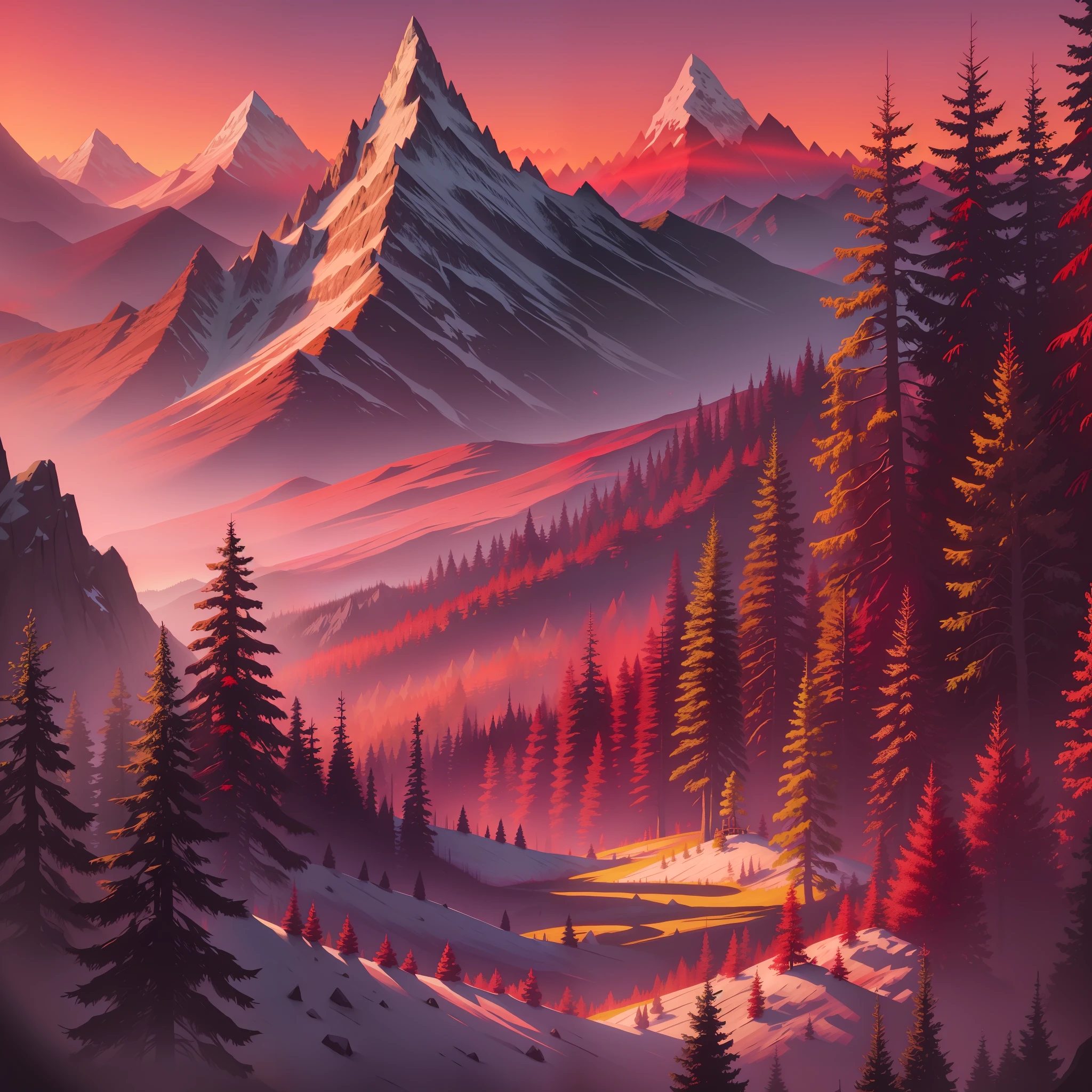 (distant fantasy kingdom foreground), shadow forest, (dark distant mountains), ((day)), (((very bright saturated red sky))), (wide shot),
