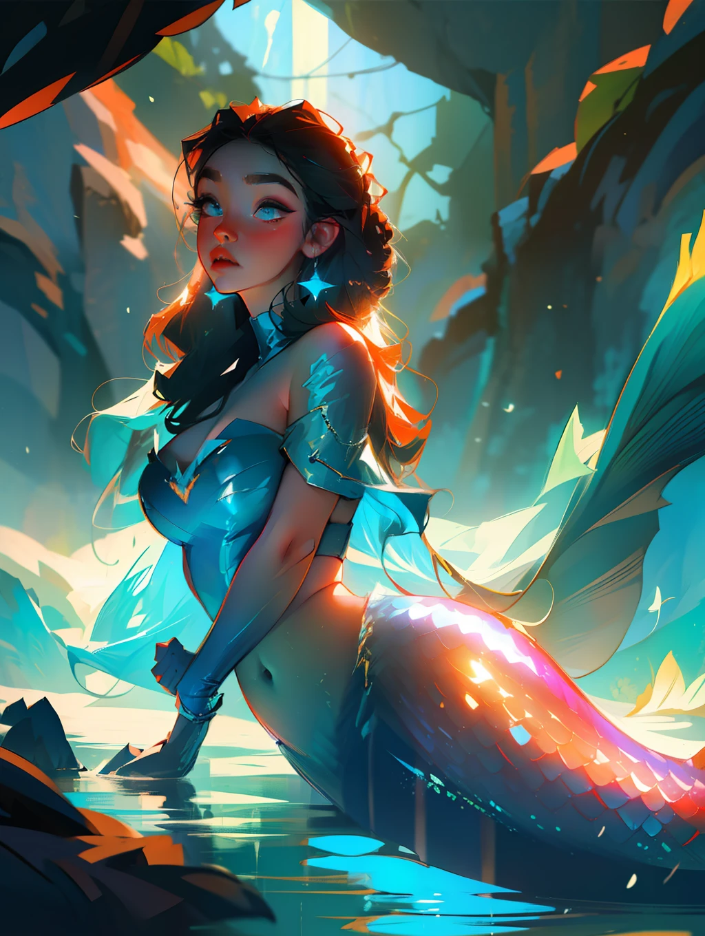 (masterpiece), best quality, extremely detailed CG unity 8k wallpaper, (a beautiful sensual plus sized mermaid), underwater, blue water, shining scales, long flowing hair, shimmering tail, voluptuous body, dreamy atmosphere, Volumetric light, aqua environment.