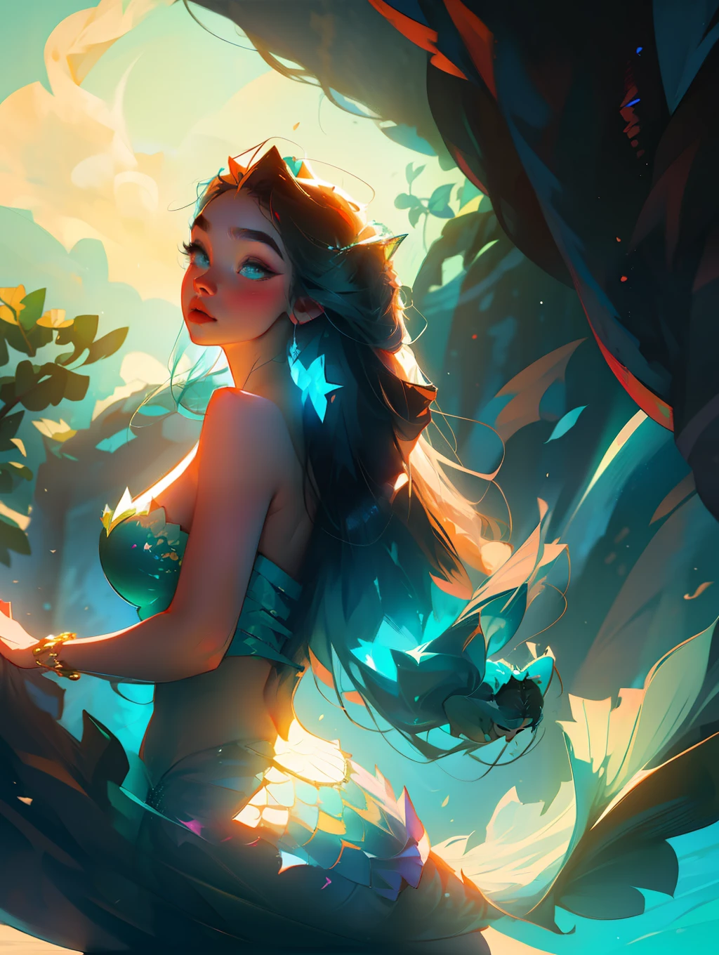 (masterpiece), best quality, extremely detailed CG unity 8k wallpaper, (a beautiful sensual plus sized mermaid), underwater, blue water, shining scales, long flowing hair, shimmering tail, voluptuous body, dreamy atmosphere, Volumetric light, aqua environment.