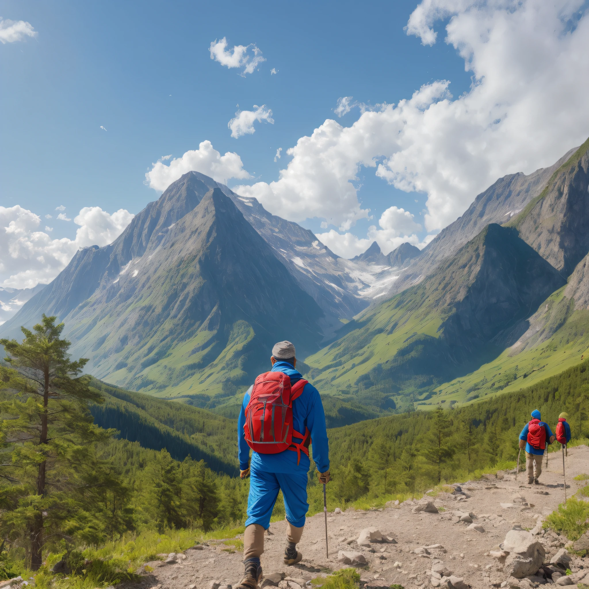 generate an image of a middle-aged man, with typical mountaineer attire; he walks on a mountainous path, full of trees; on his way, there is a waterfall; birds flying; a bright, shining sun; a blue sky, with scattered white clouds --auto --s2