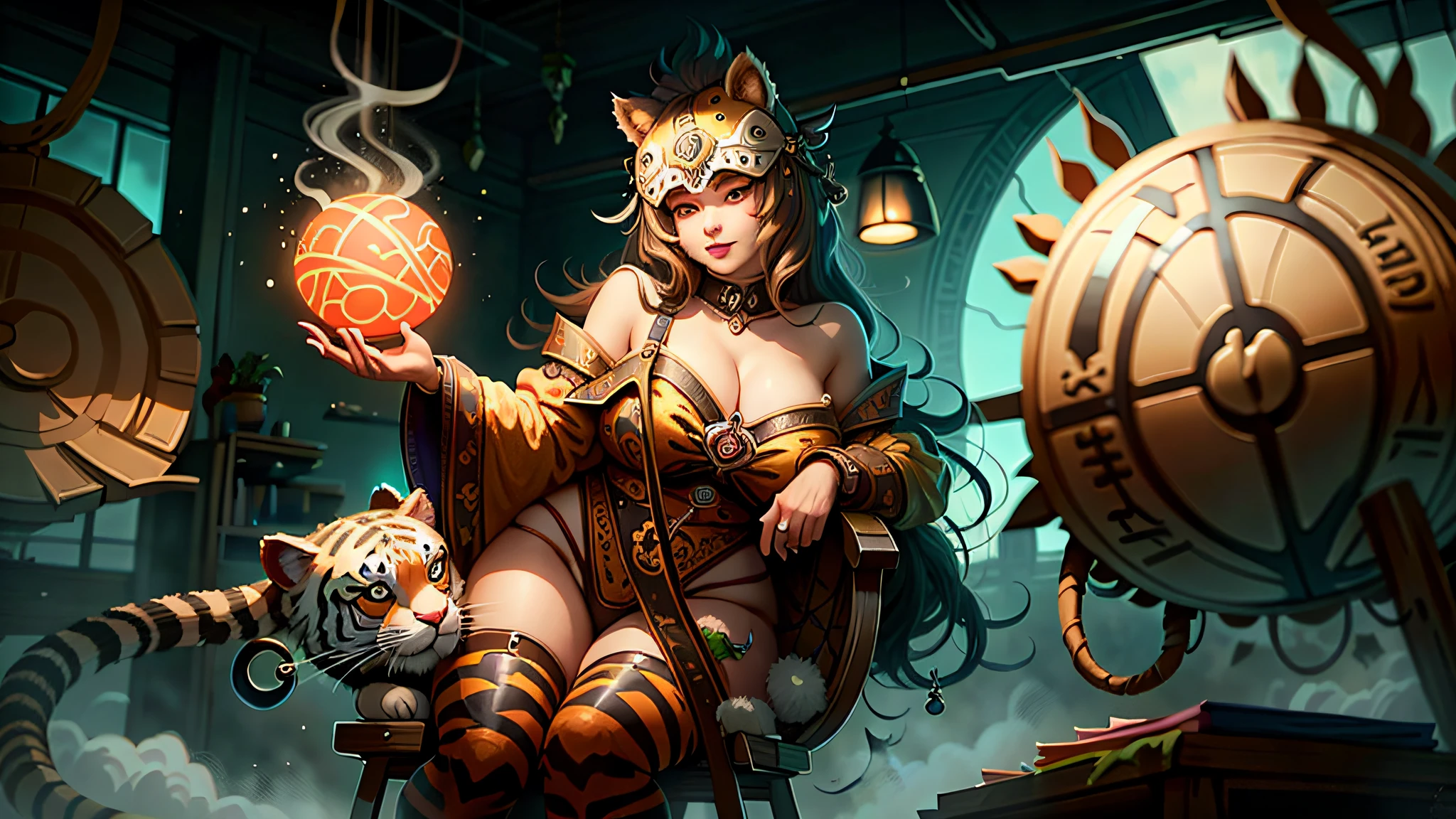 There is a woman sitting in a chair with a tiger mask on her head, attractive girl, Catgirl, Beautiful Young Catgirl, (nsfw), big cheeks holding a revolve, the tiger is smiling, sexy look at the camera